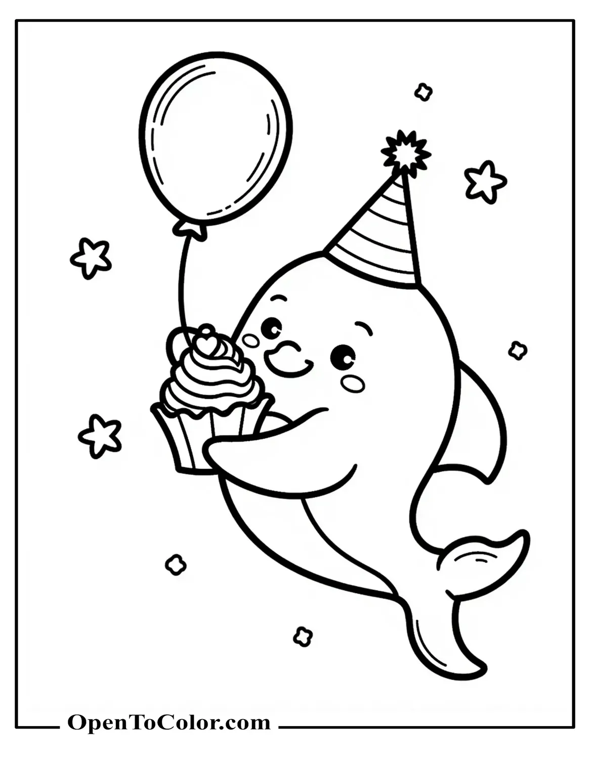 Printable Coloring Sheet of Birthday Dolphin Holding a Cupcake and a Balloon with Small Confetti Shapes