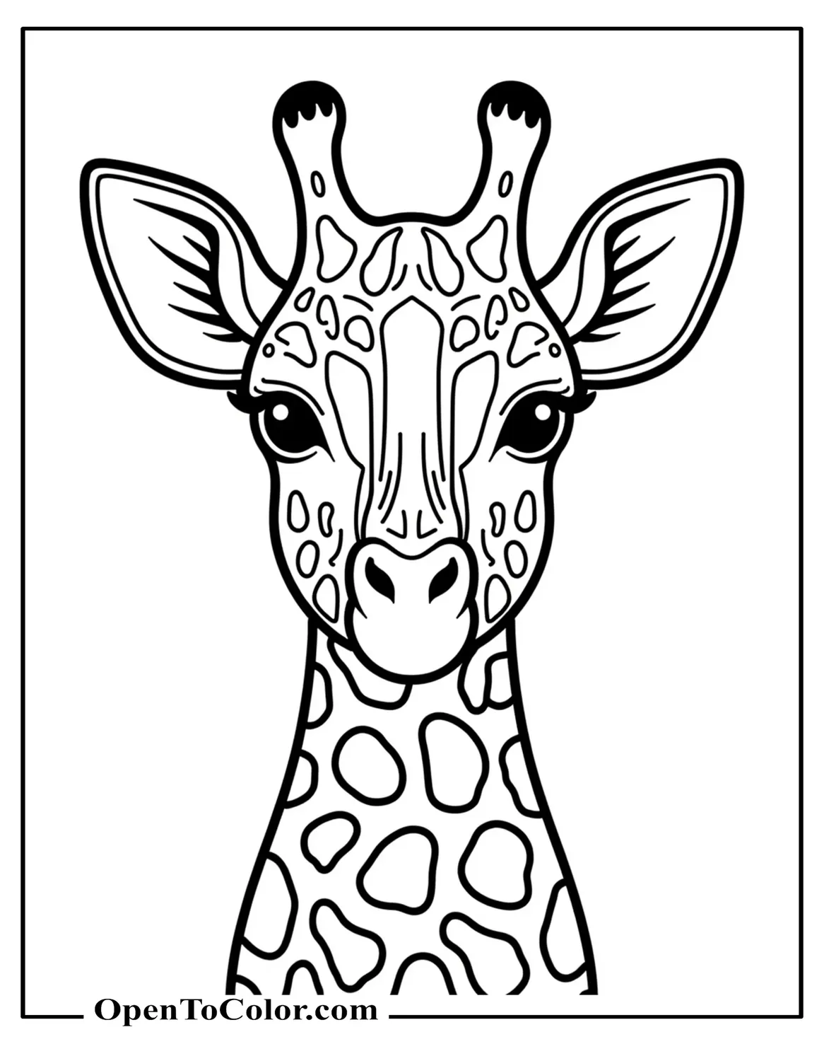 Stylized Giraffe Coloring Page In A Bold Graphic Pattern With Strong Contrast Spots, Front View, PDF