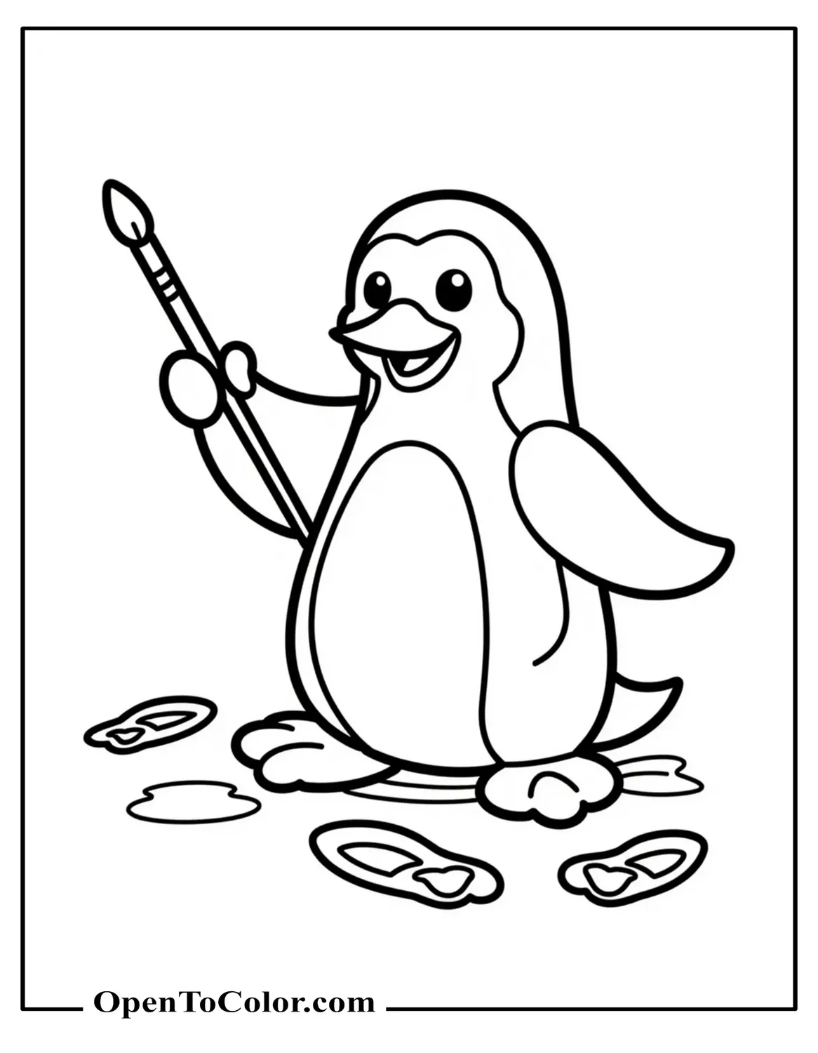 Black and white penguin holding a paintbrush making footprints coloring sheet PDF.