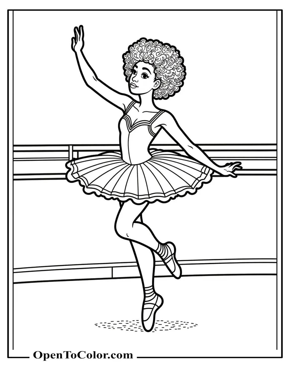 Free coloring page of a graceful ballerina with afro-textured bun and tutu balancing at the barre in a studio.