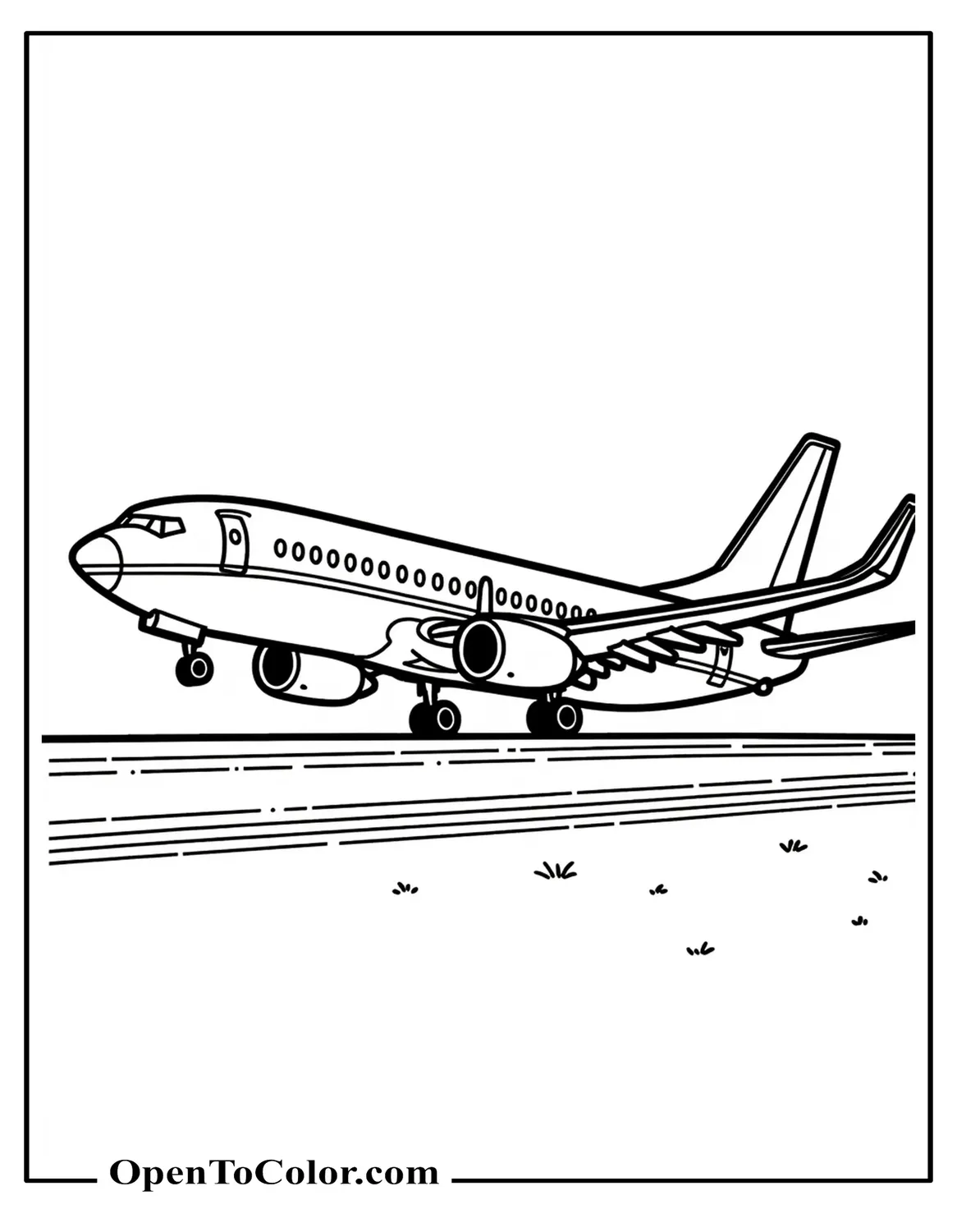 Realistic Boeing 737 Side View Landing Coloring Page PDF With Wheels Down And Runway Lines Below