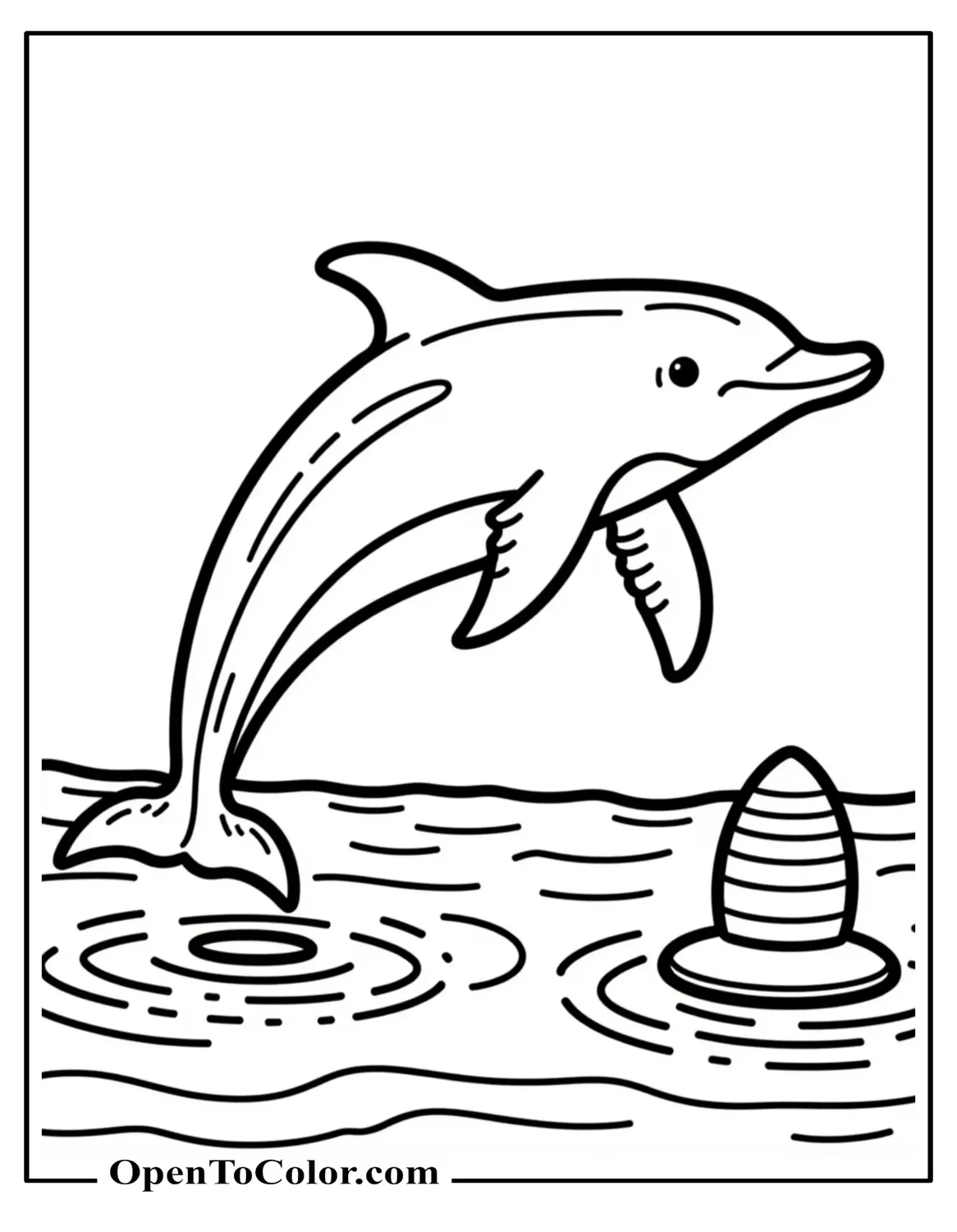 Printable Coloring Sheet of a Bottlenose Dolphin Jumping Near a Buoy With Gentle Ripples in the Water