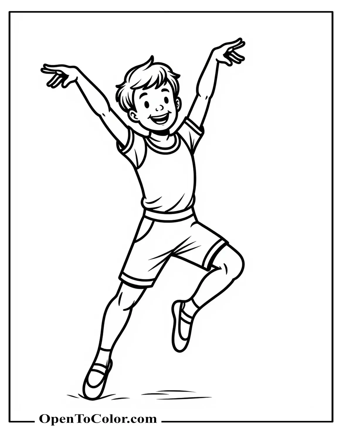 Free Coloring Page of Young Boy Ballet Dancer in Simple Practice Clothes Doing a Jump with Arms Up in a Studio