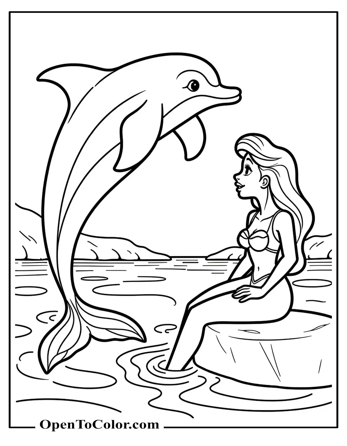 Free coloring page of Breaker the dolphin jumping beside Ariel as she sits on a rock in the ocean.