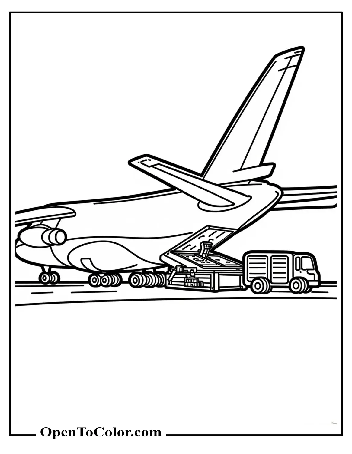 Free Coloring Page of Large Cargo Plane with Open Rear Ramp and a Small Crate at the Back