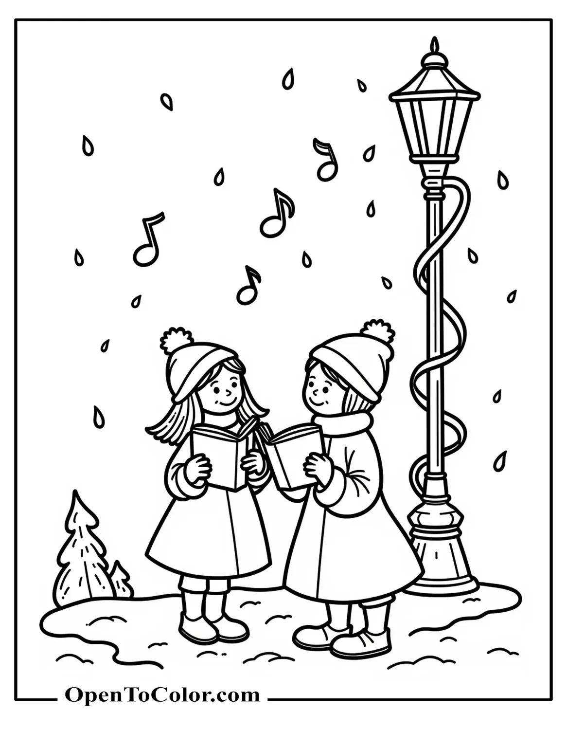 Two Carolers With Songbooks Under A Lamppost, Musical Notes Drifting, Coloring Sheet PDF