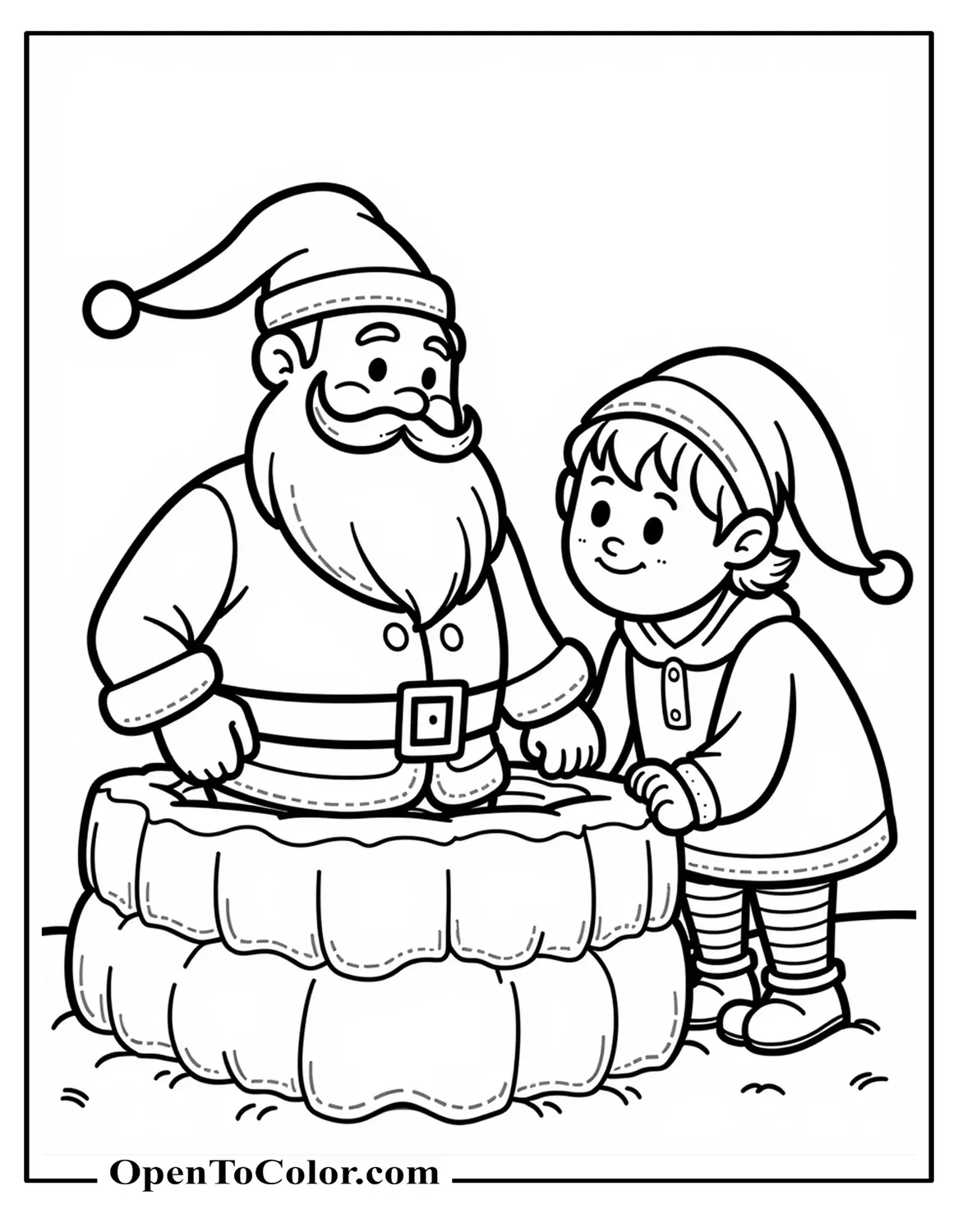 Round-cheeked Santa and Elf building a snow fort, cartoon style, printable coloring sheet.
