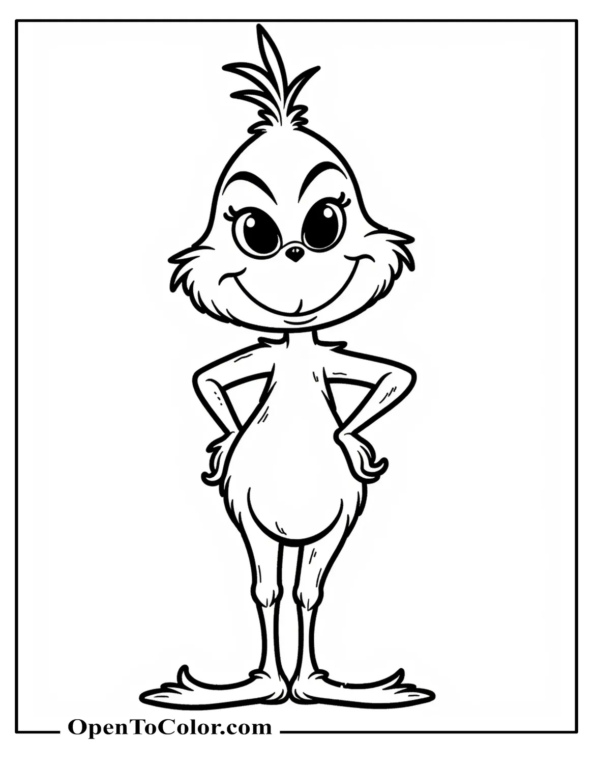 Grinch in Funko Pop style coloring page PDF with big head and small body, standing with one hand on his hip