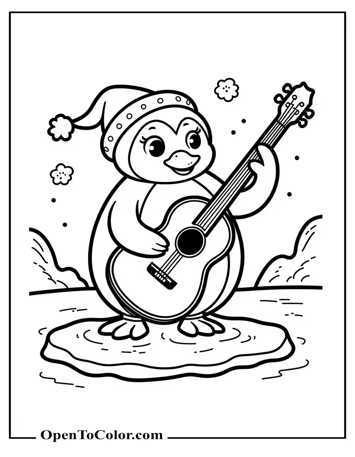 Printable Coloring Page of Cartoon Penguin Playing Guitar on an Ice Stage