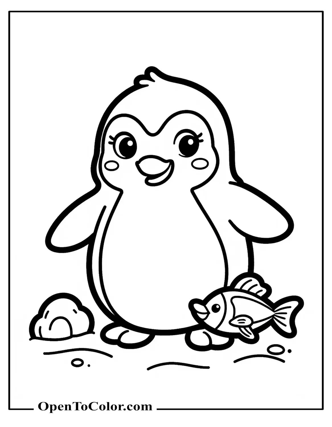 Cartoon Penguin Coloring Sheet PDF with Happy Expression and Fish Nearby