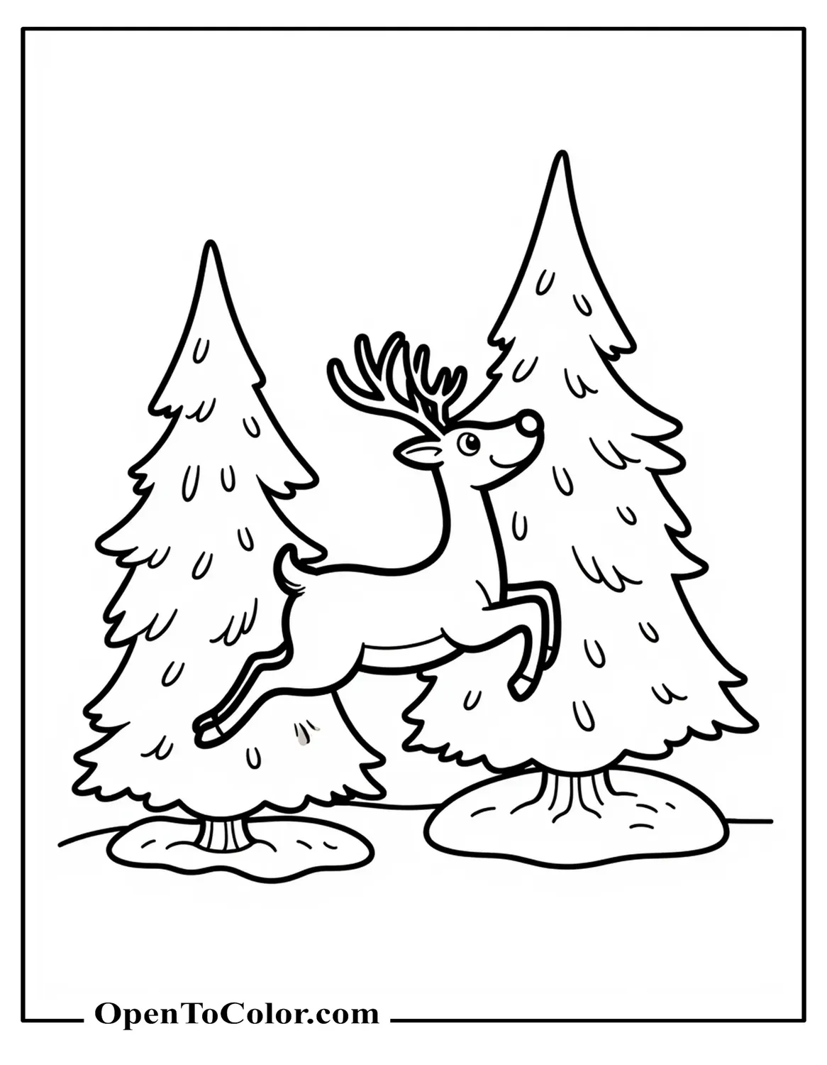 Reindeer in cartoon sketch style, mid-jump, two pine trees behind, coloring sheet PDF.