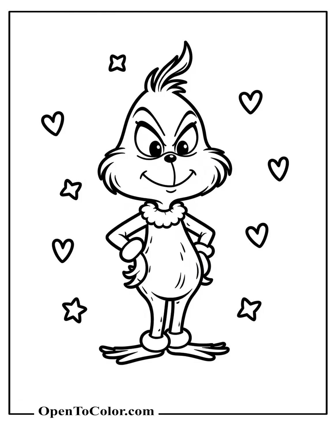 Chibi-Style Grinch Coloring Page PDF With Oversized Head And Tiny Body Standing With Hands On Hips, Framed By Simple Stars And Hearts