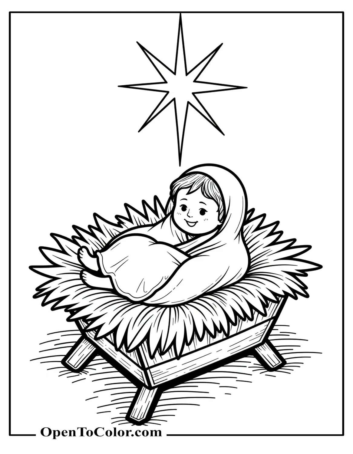 Baby Jesus in a Manger Coloring Sheet with a Bright Star Overhead, Straw Texture Detailed, PDF