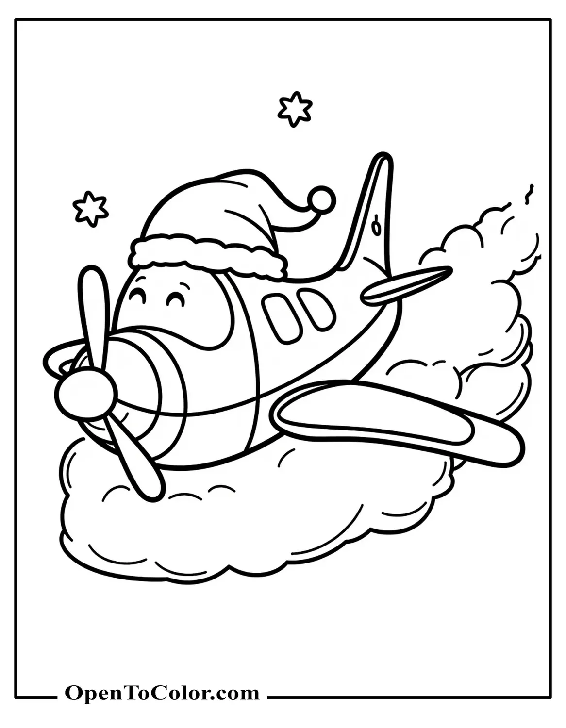 Cartoon Airplane Wearing A Santa Hat Coloring Sheet Printable