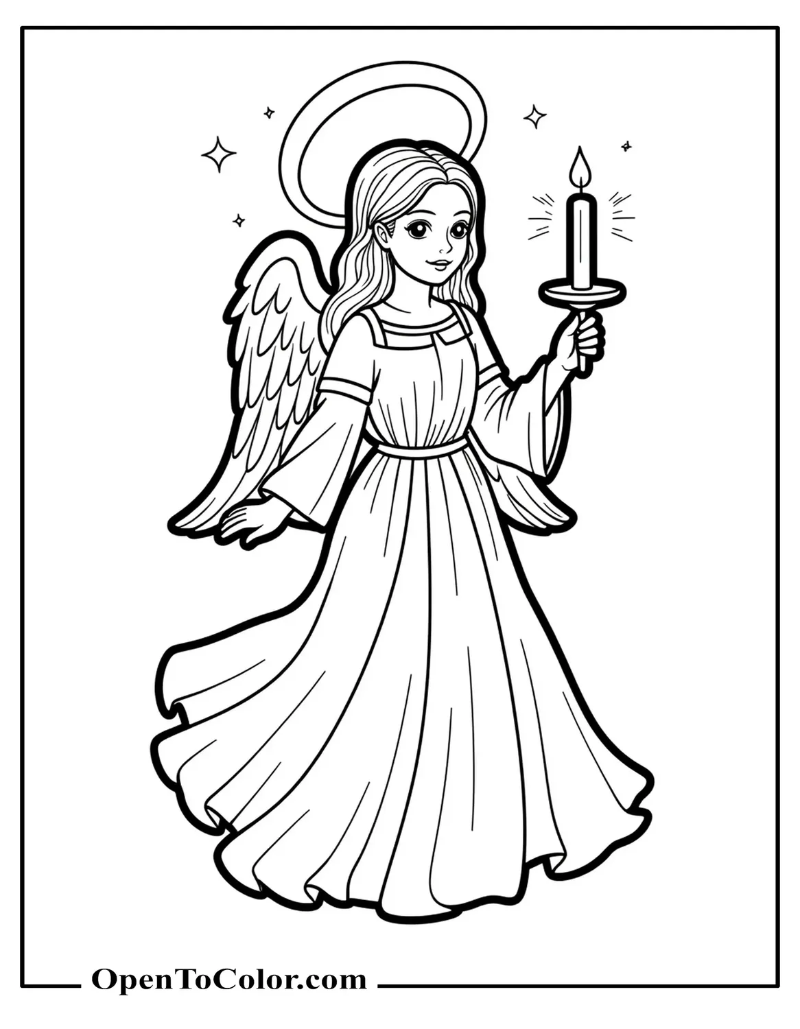 Angel with halo holding a candle, flowing gown, starry sky above, coloring page, printable.