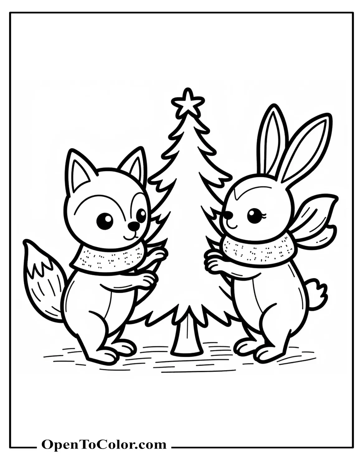 Coloring Page PDF: Two Woodland Animals in Scarves—Fox and Rabbit—Decorating a Tiny Tree