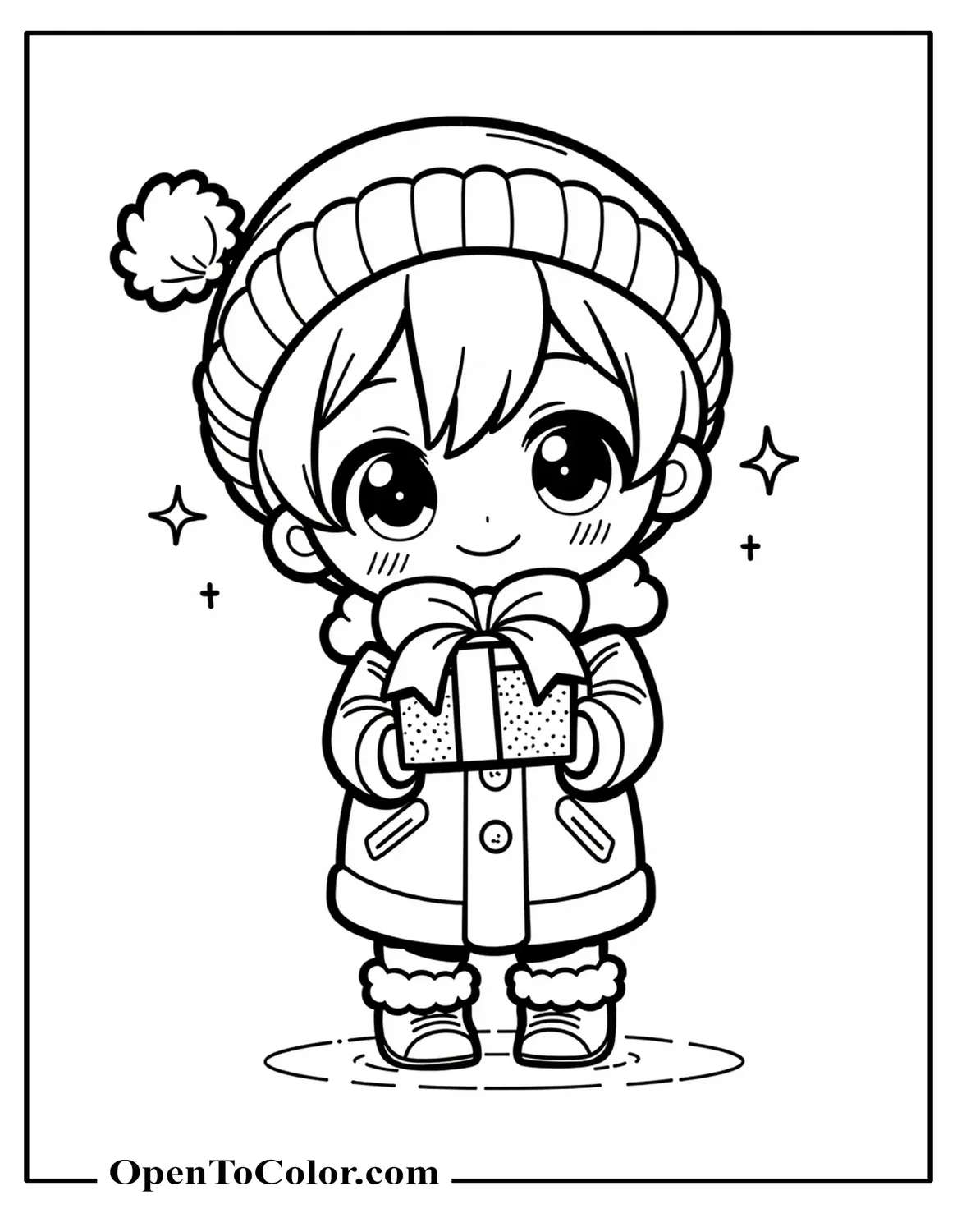 Printable Coloring Sheet of Anime Boy in Winter Coat Offering a Present, Sparkly Eyes, Chibi Style