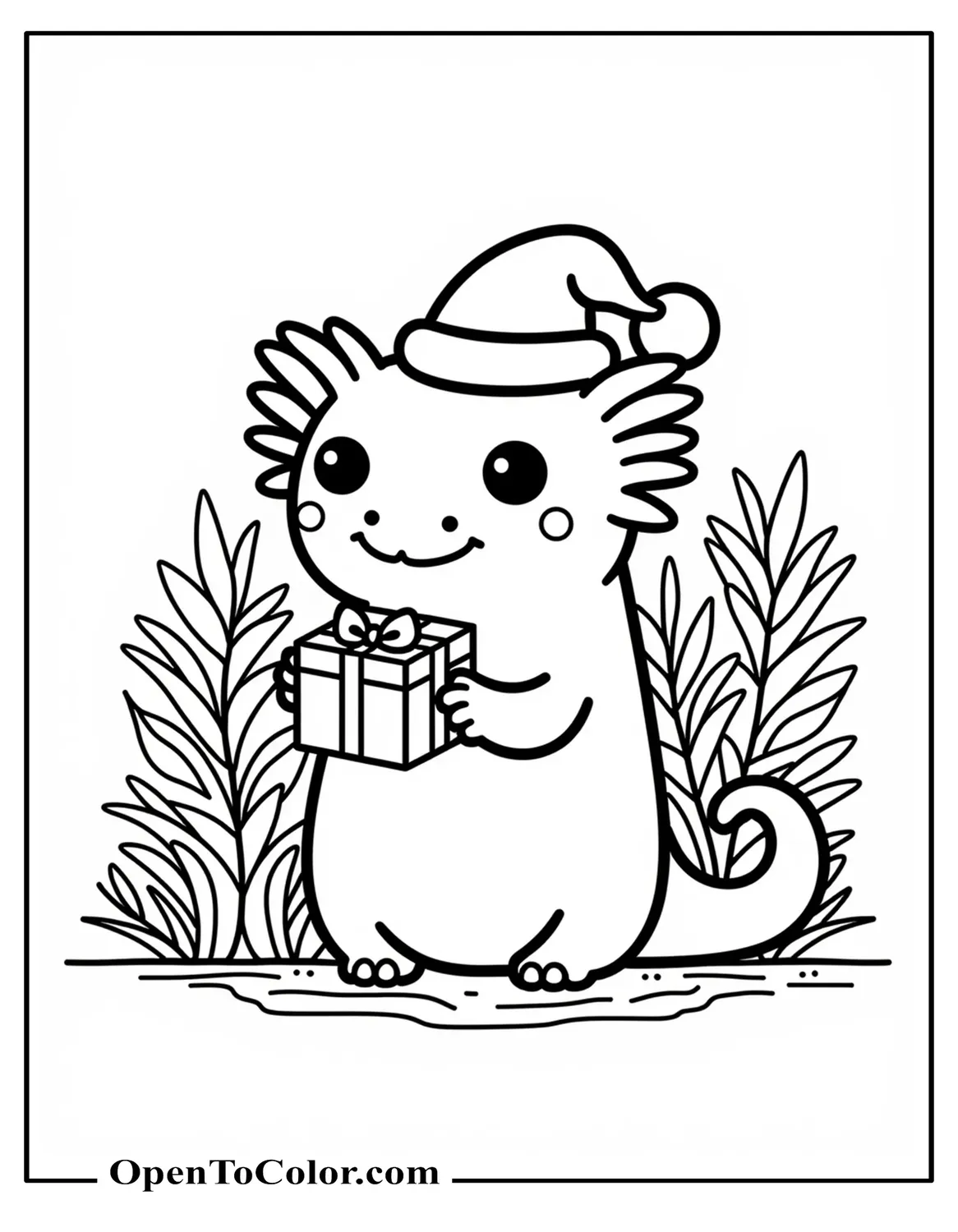 Axolotl wearing a Santa hat, holding a tiny present, water plants behind, coloring sheet, printable.