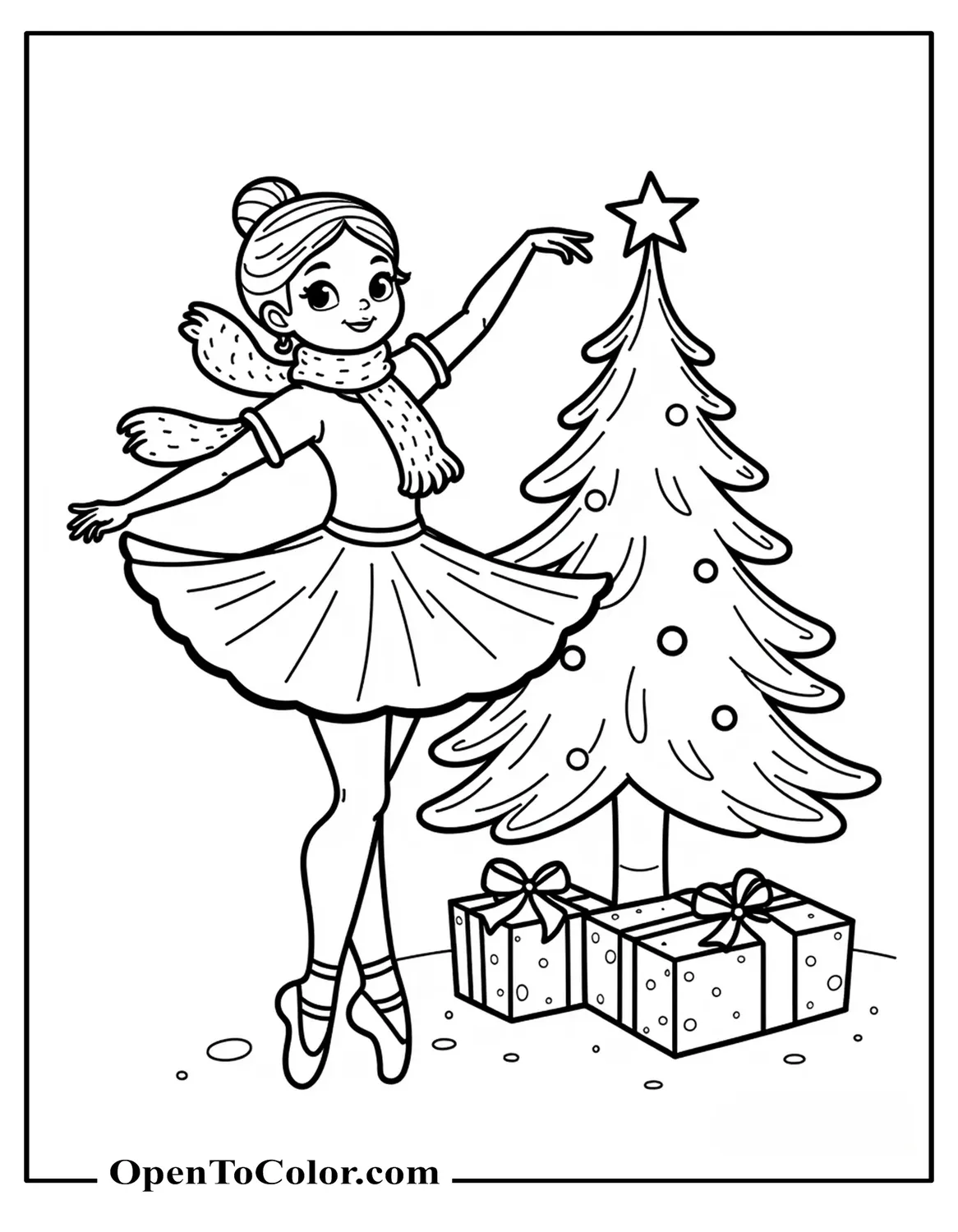 Ballerina in Tutu and Cozy Scarf Spinning Beside a Decorated Tree with a Few Wrapped Gifts Coloring Page PDF