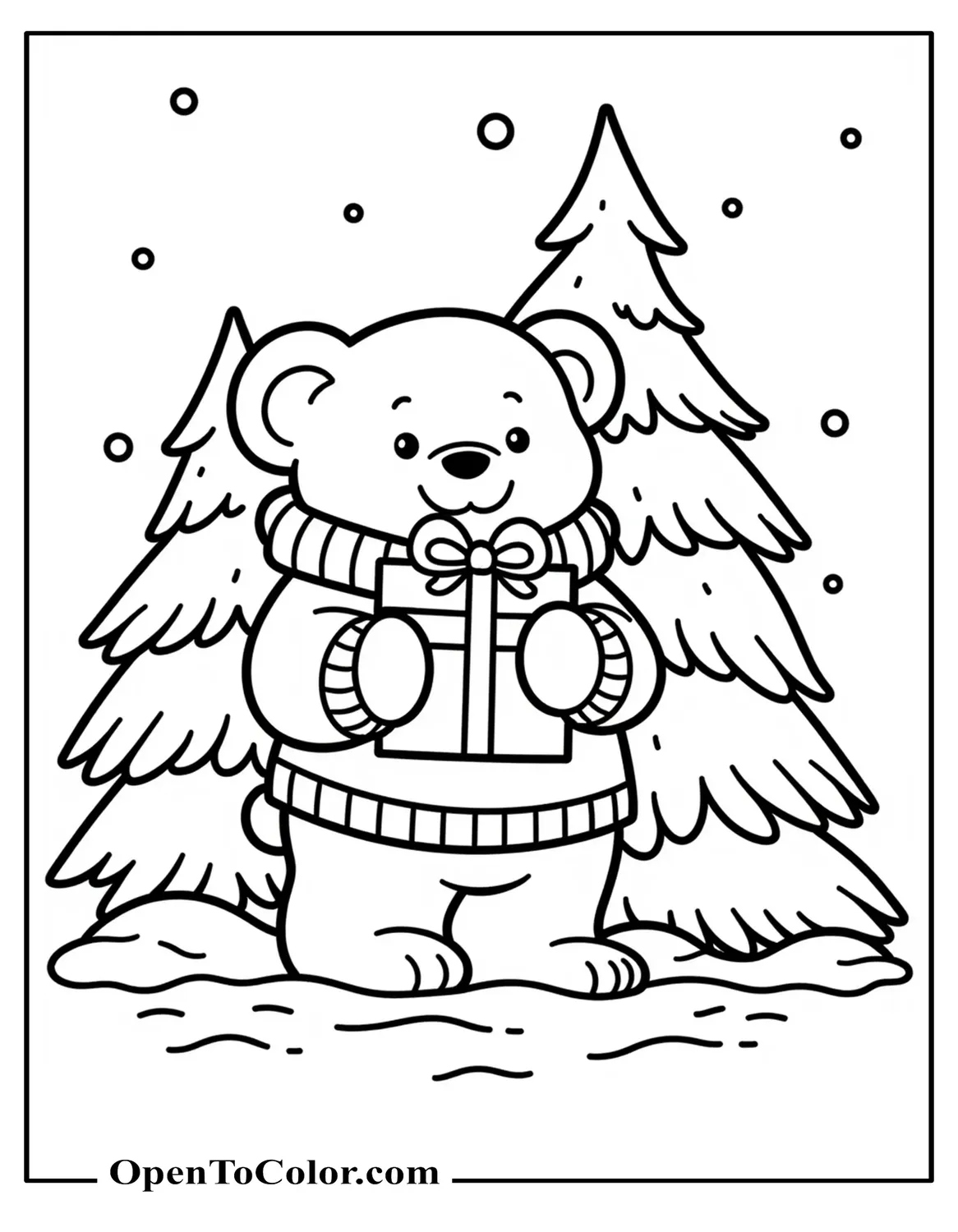 Coloring Page of Bear in a Sweater Hugging a Present, Printable, Snow-Covered Pine Behind