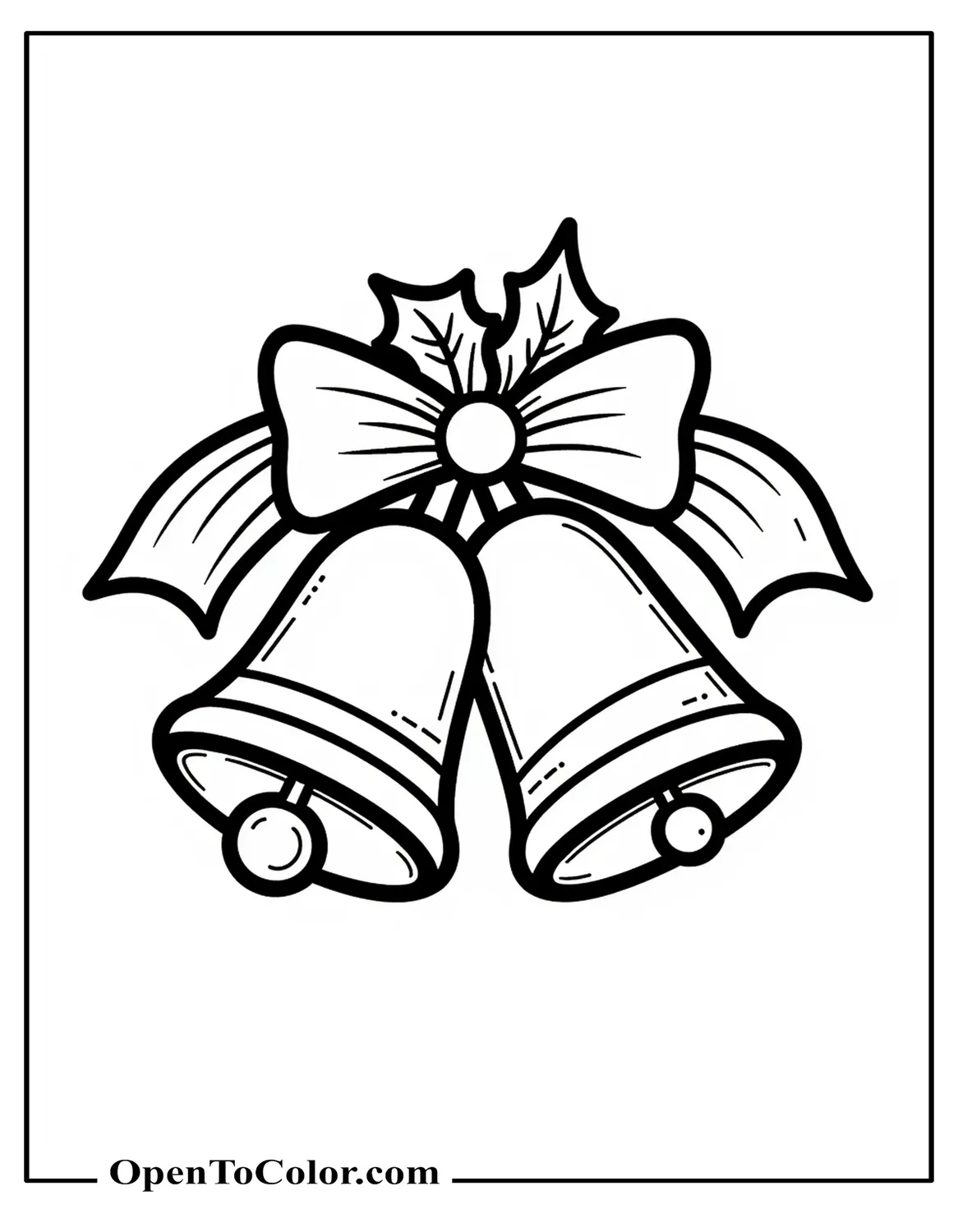 Free Coloring Page: Pair of Bells Tied with a Ribbon, Holly Leaves Tucked Under Bow