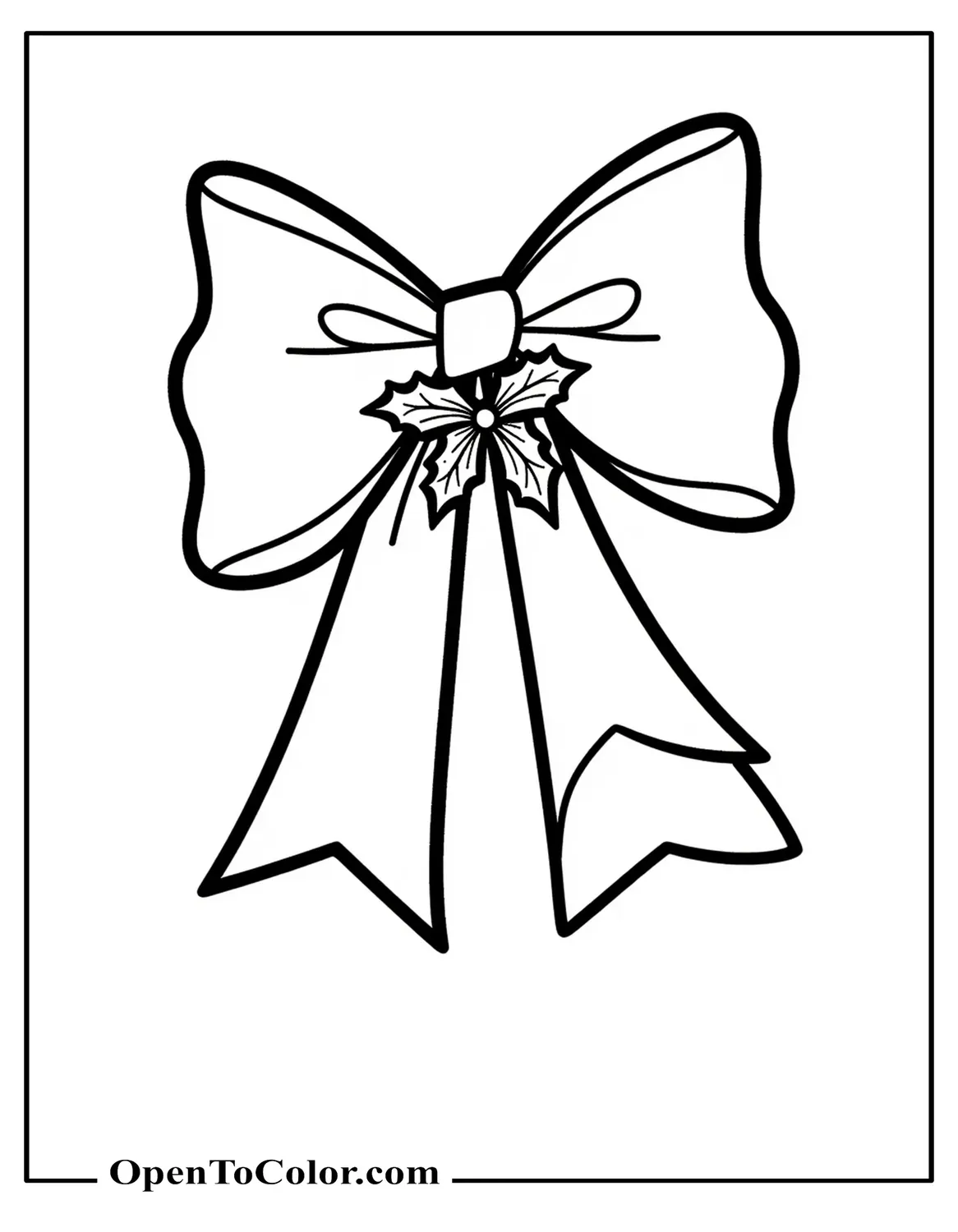 Large Bow With Ribbon Tails Curling, Holly Sprig At Knot, Printable Coloring Sheet
