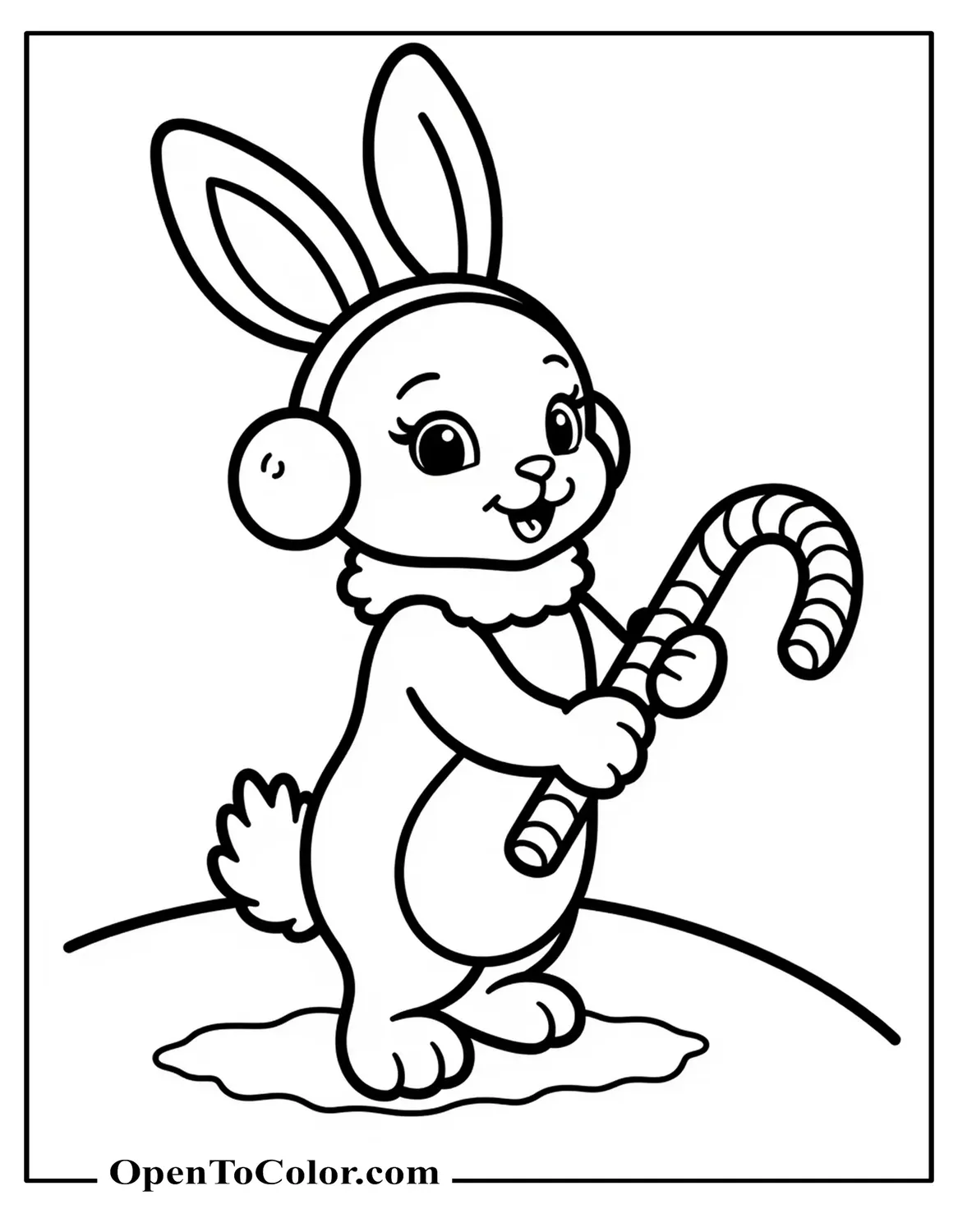 Bunny Wearing Earmuffs Holding A Candy Cane On A Snow Hill, Coloring Sheet PDF