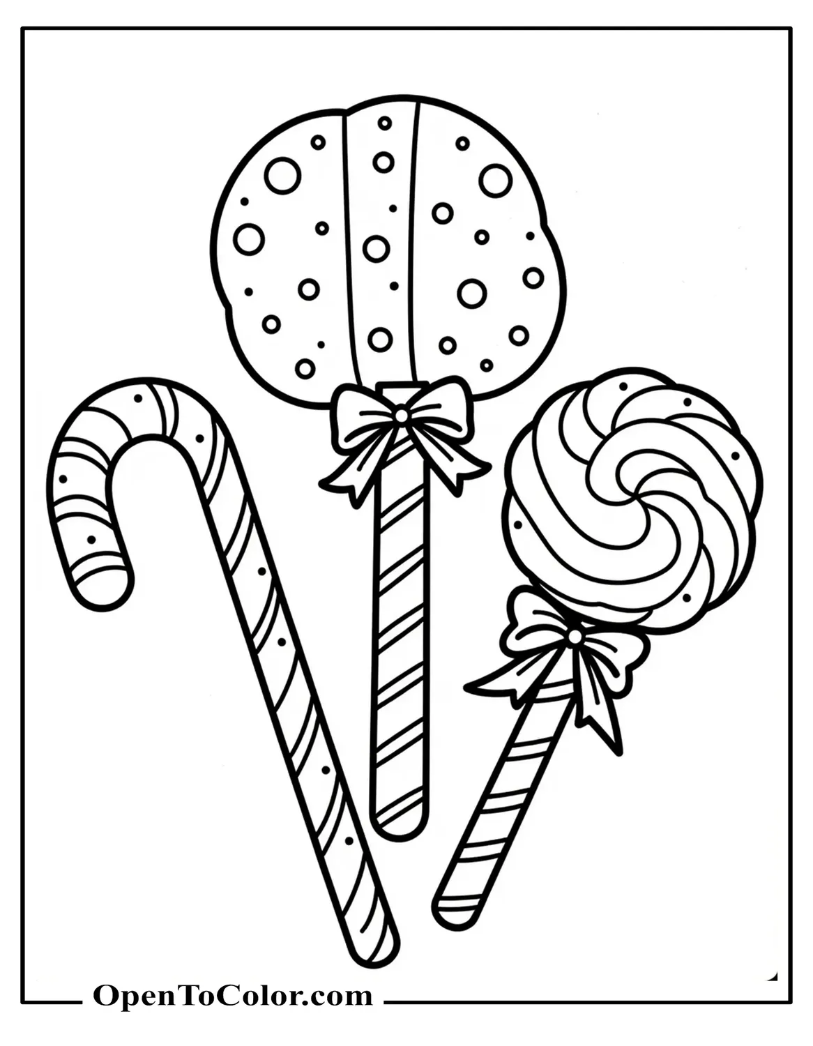 Printable coloring sheet featuring candy canes, wrapped toffees, and lollipops tied with bows, simple layout.