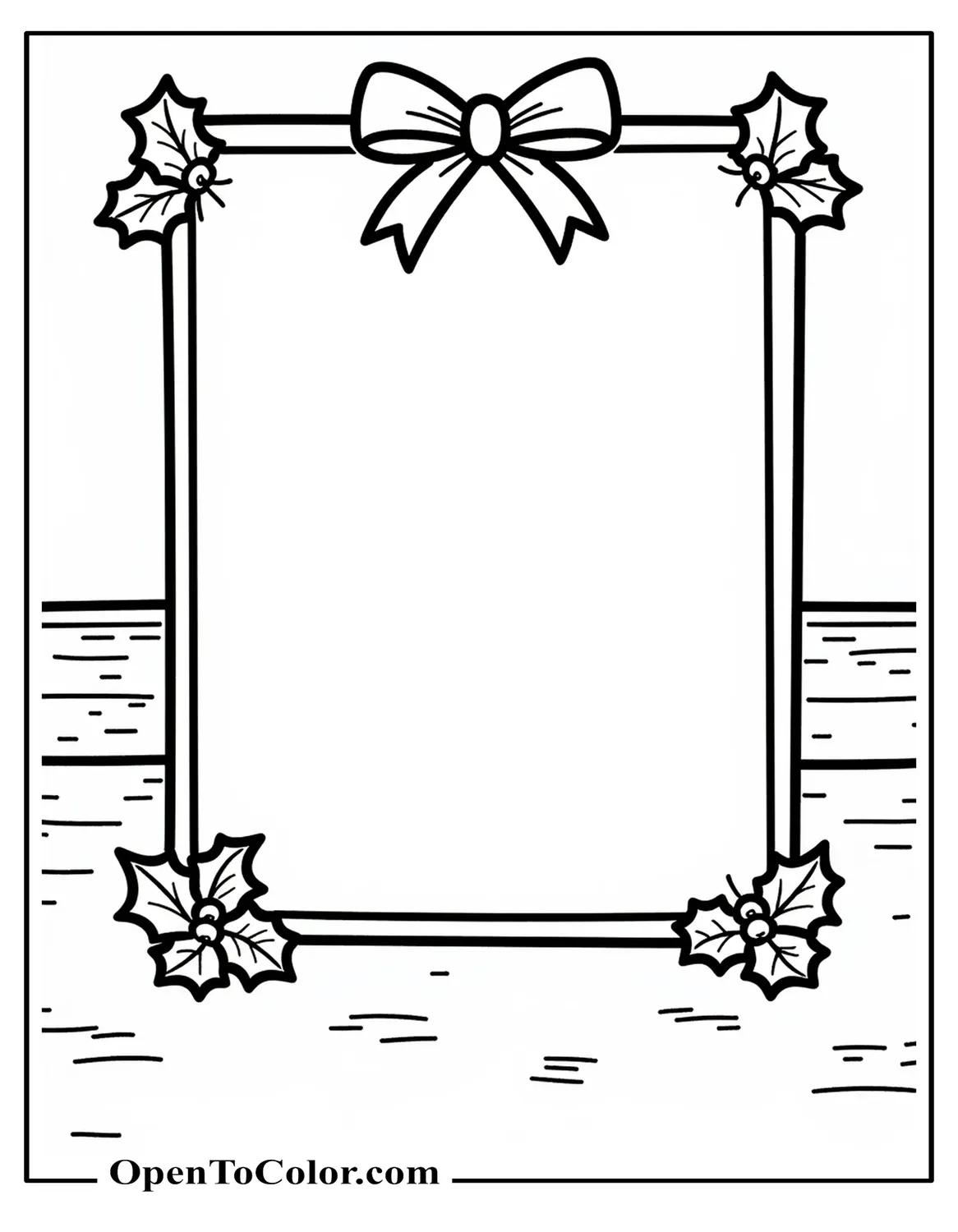 Free Coloring Page Of A Folded Greeting Card On A Table With Holly Border And Bow, Open Space In Center