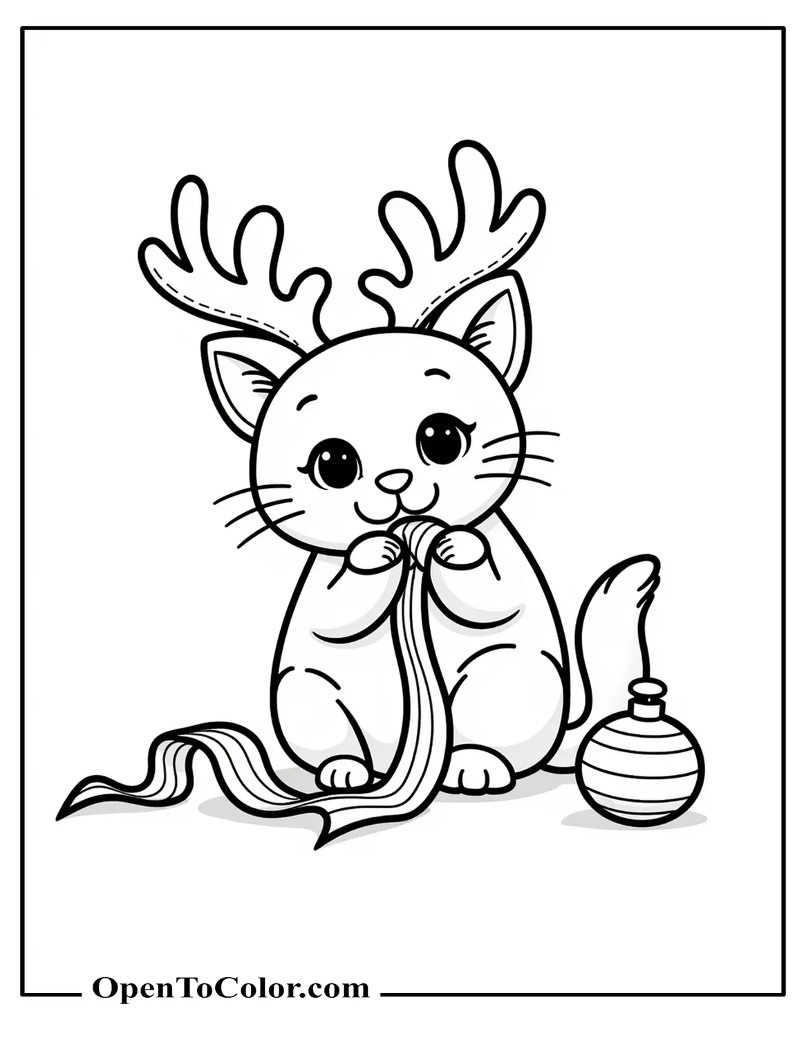 Cat Wearing Reindeer Antlers Playing With A Ribbon, Ornament Rolling Nearby, Printable Coloring Page