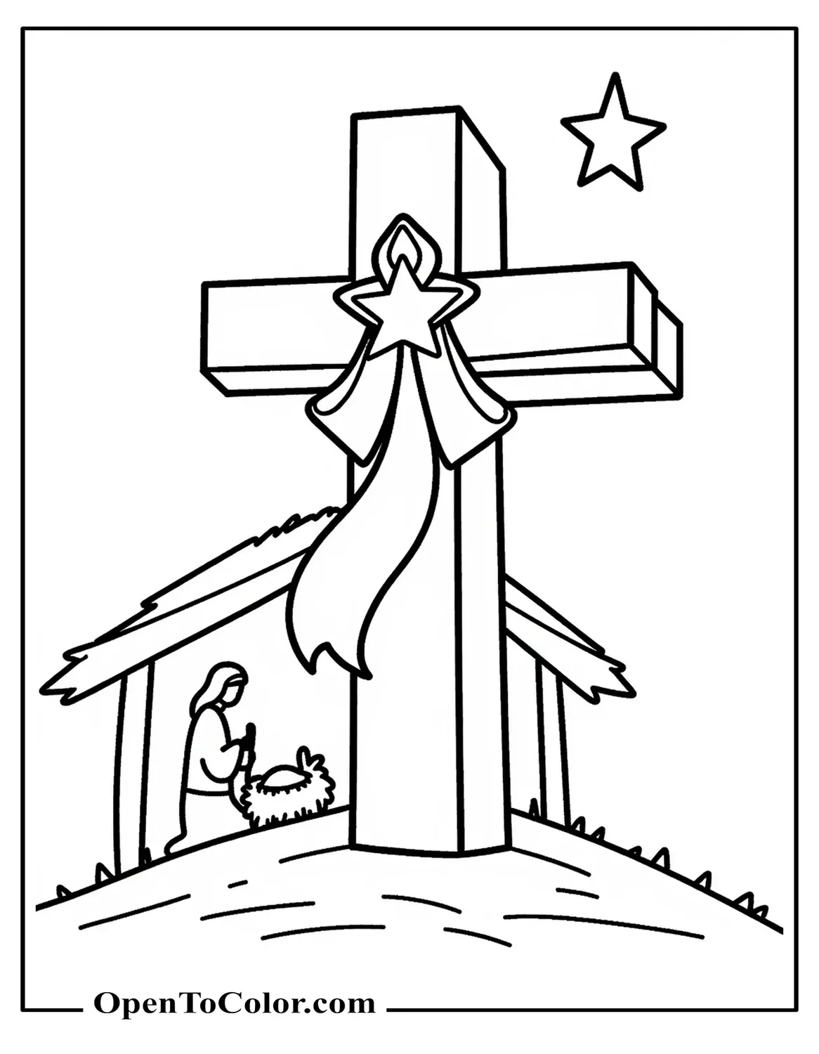 Cross With A Ribbon And A Star Above, Printable Nativity Stable Outline Behind, Coloring Sheet