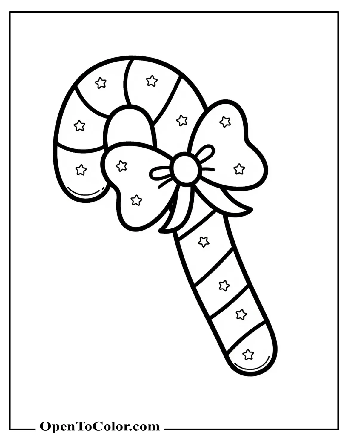 Printable Coloring Page of Oversized Candy Cane with Stripes, Bow Tied at Center, Star Sprinkles