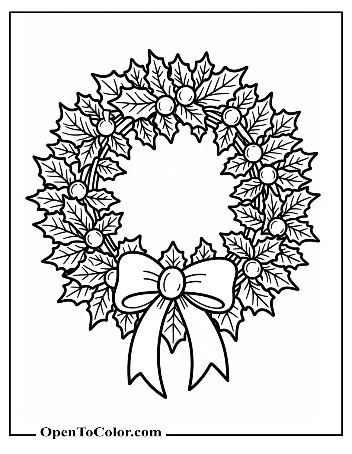 Free Coloring Sheet of Intricate Holly Wreath with Ribbons and Bells, Detailed Leaves for Adults