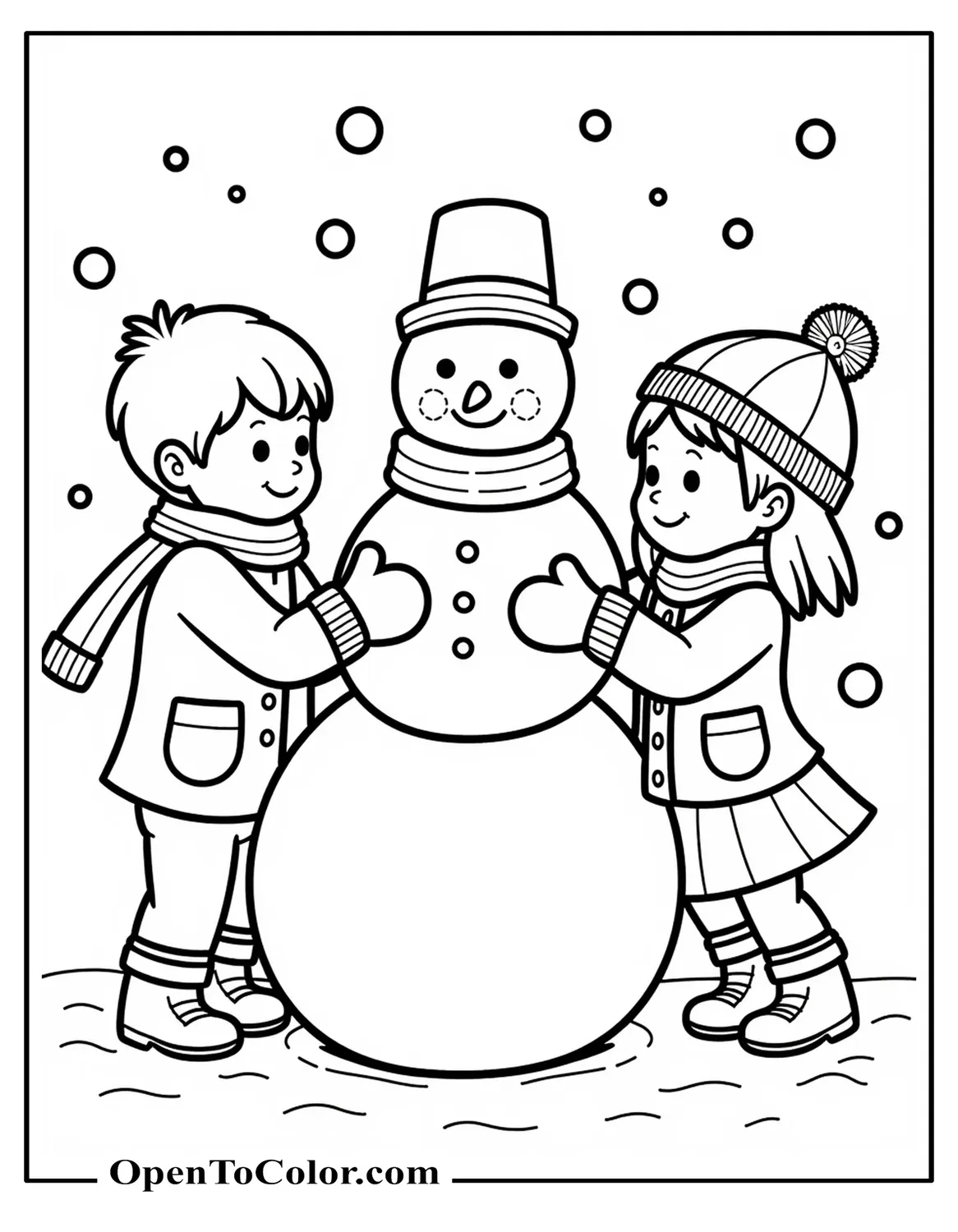 Coloring Sheet PDF of Two Kids in Scarves Building a Snowman, Mittens and Bucket Hat on Snowman