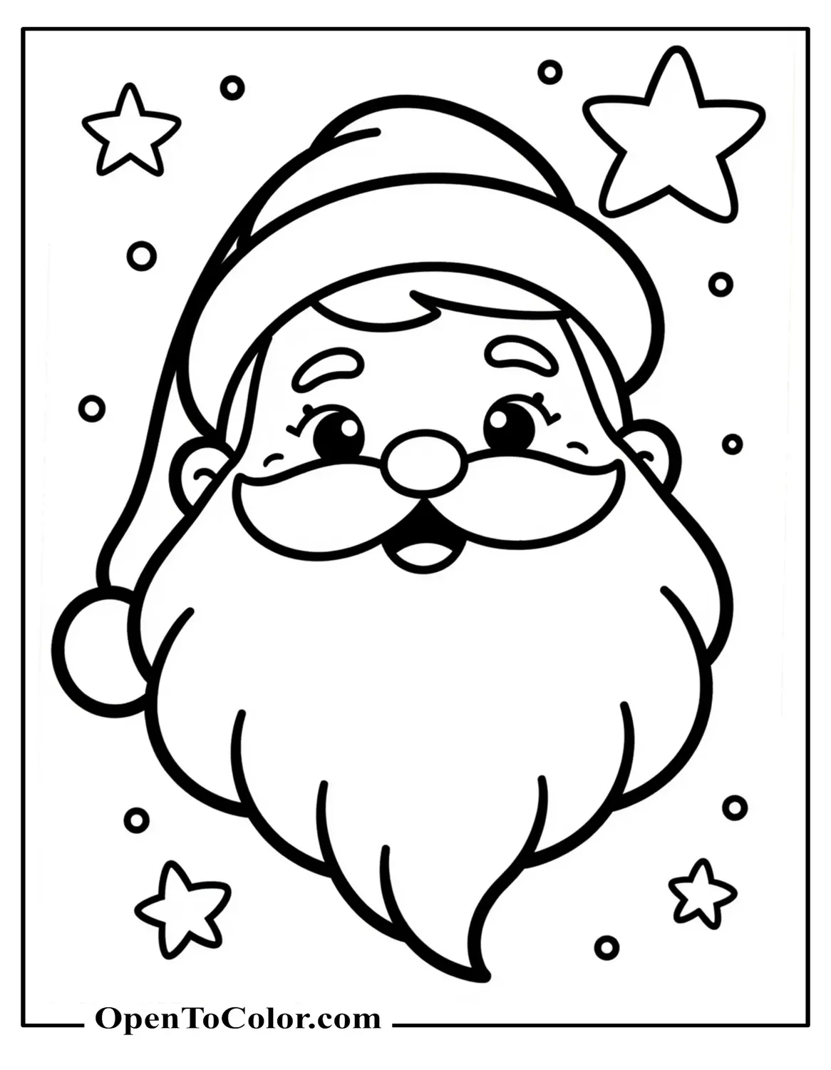 Printable Coloring Page of Toddler-Friendly Santa Face with Big Features, Star, and Bell Nearby
