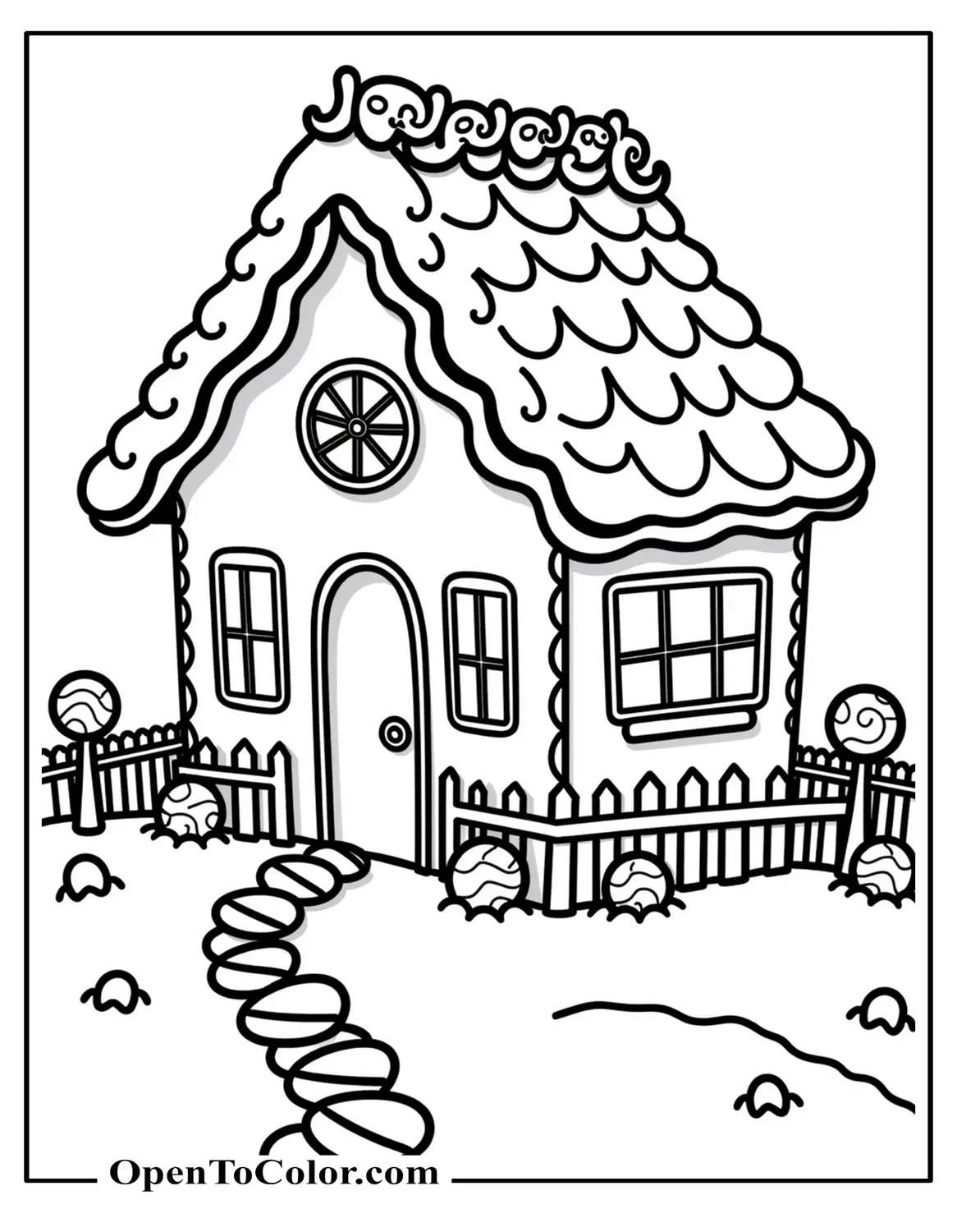 Free Coloring Sheet of Gingerbread House with Candy Roof, Lollipop Fence, Peppermint Path
