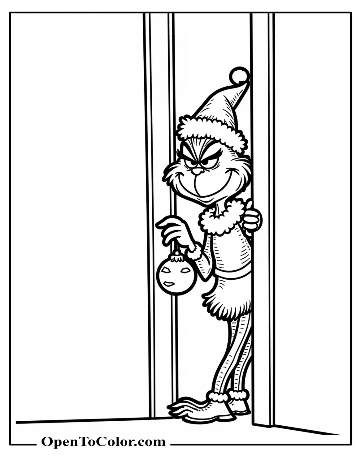 The Grinch peeking around a door frame with a small ornament in hand, coloring page PDF.