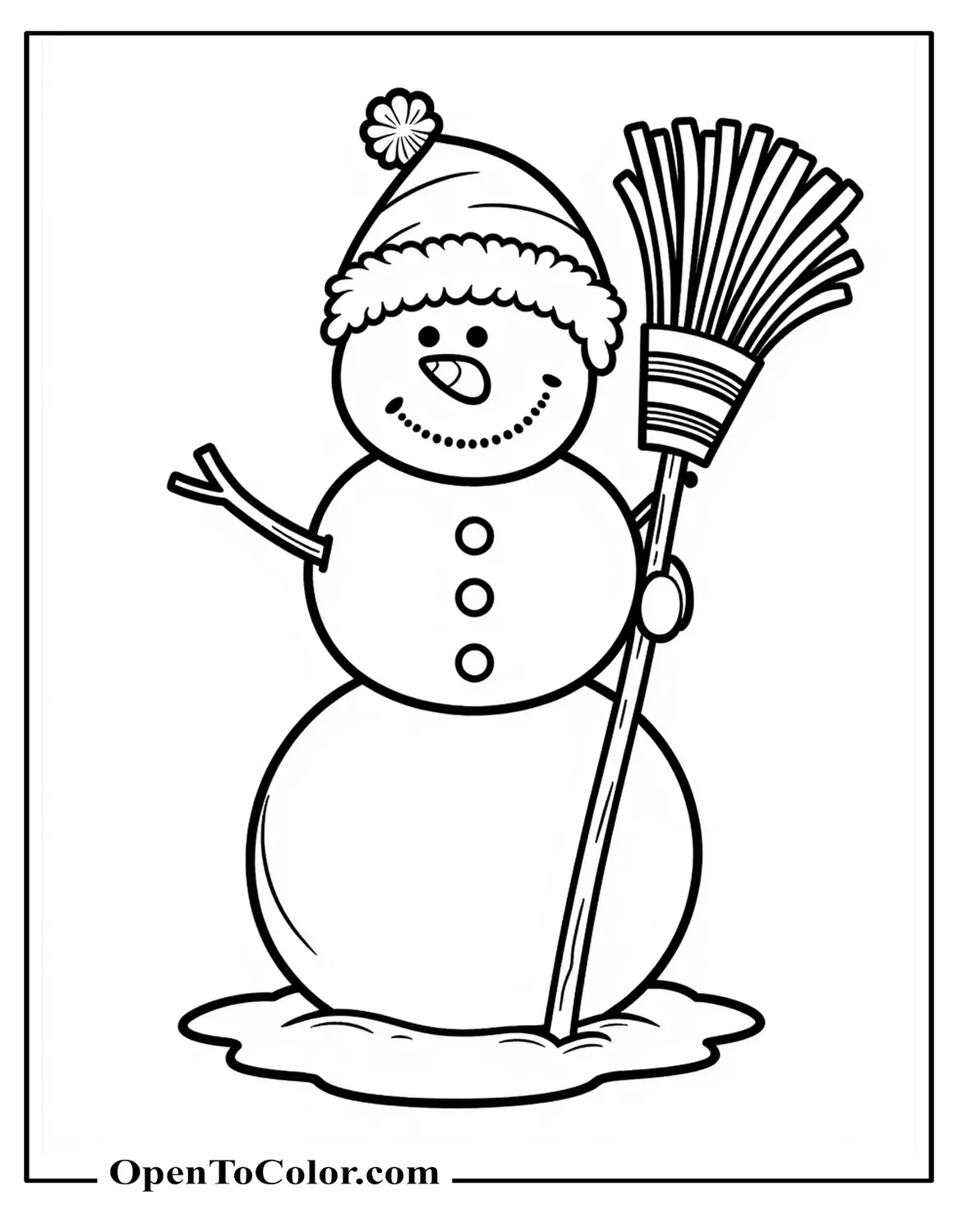 Free Coloring Page of Snowman with Carrot Nose and Top Hat, Twig Arms Holding a Broom