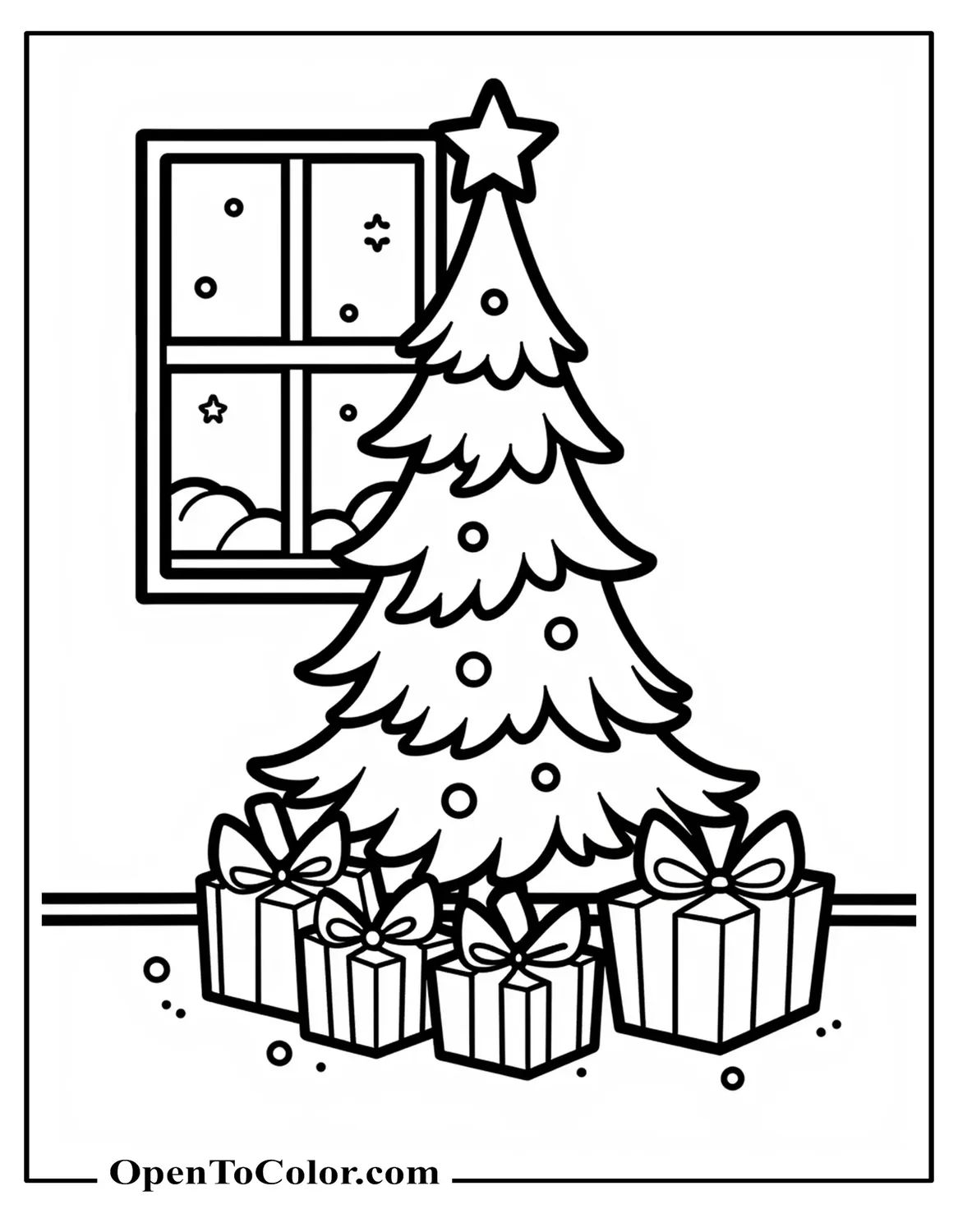 Christmas tree coloring page PDF with star topper, wrapped gifts at the base, snow through a window