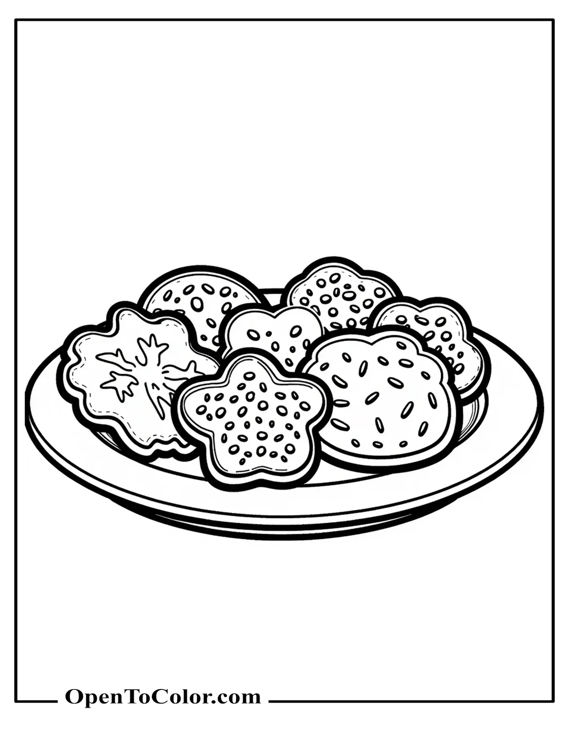 Plate of Assorted Christmas Cookies, Coloring Sheet PDF, Icing Patterns and Sprinkles Detailed