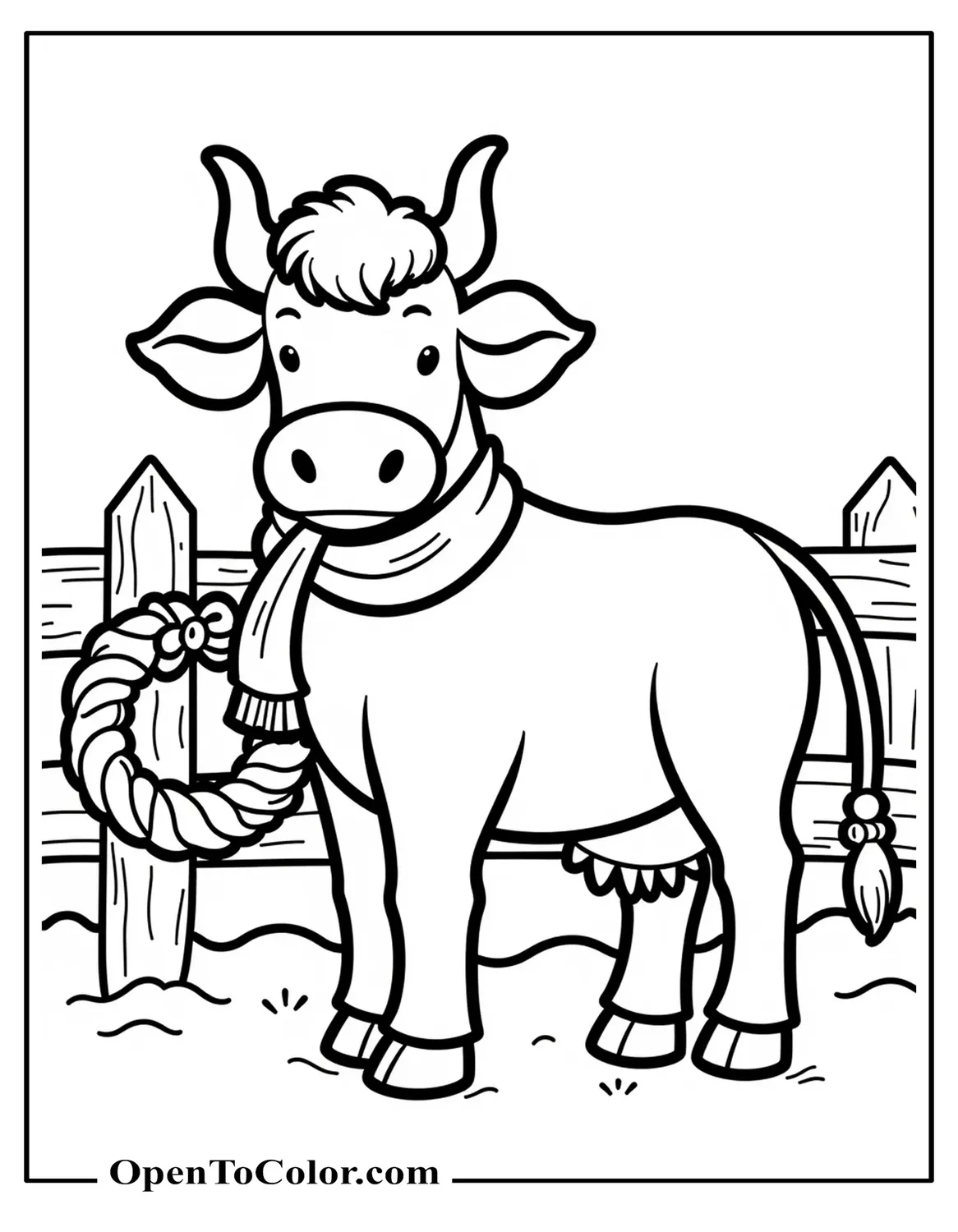 Cow in a Scarf with a Bell Collar, Standing by a Fence with Wreath, Printable Coloring Sheet