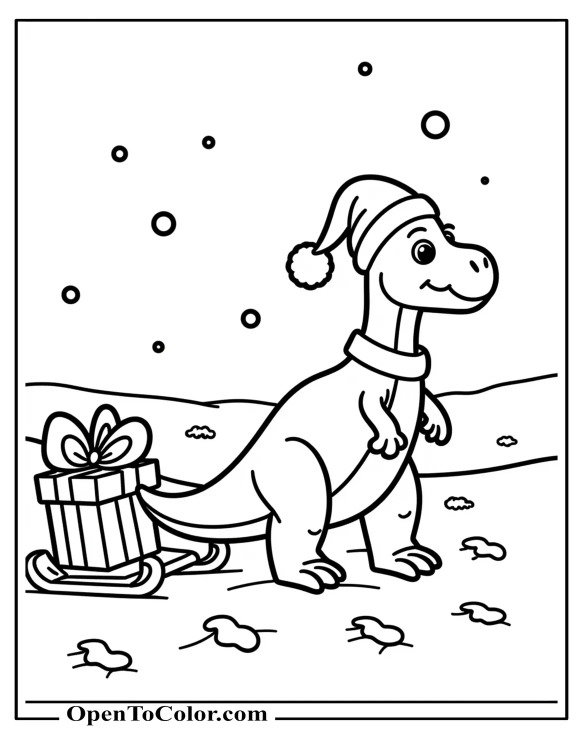 Dinosaur In A Santa Hat Pulling A Sled With A Present, Coloring Page PDF, Footprints In Snow