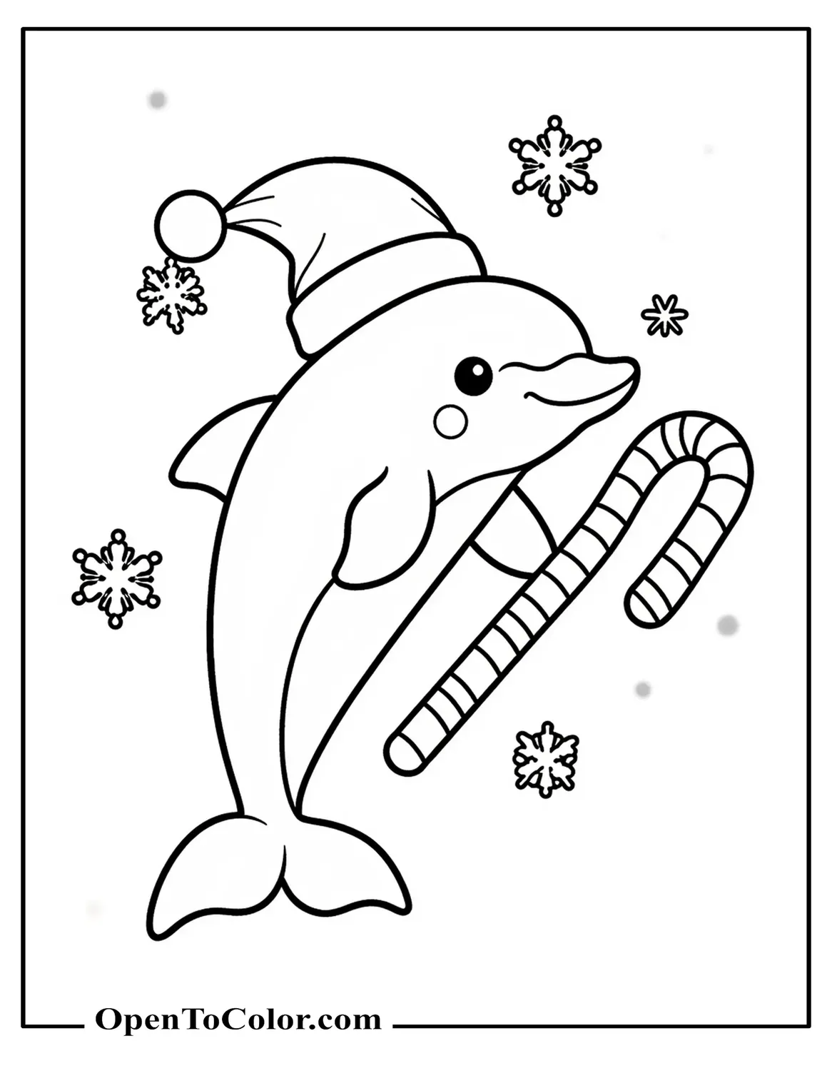 Printable coloring sheet of a dolphin wearing a Santa hat holding a candy cane with floating snowflakes.
