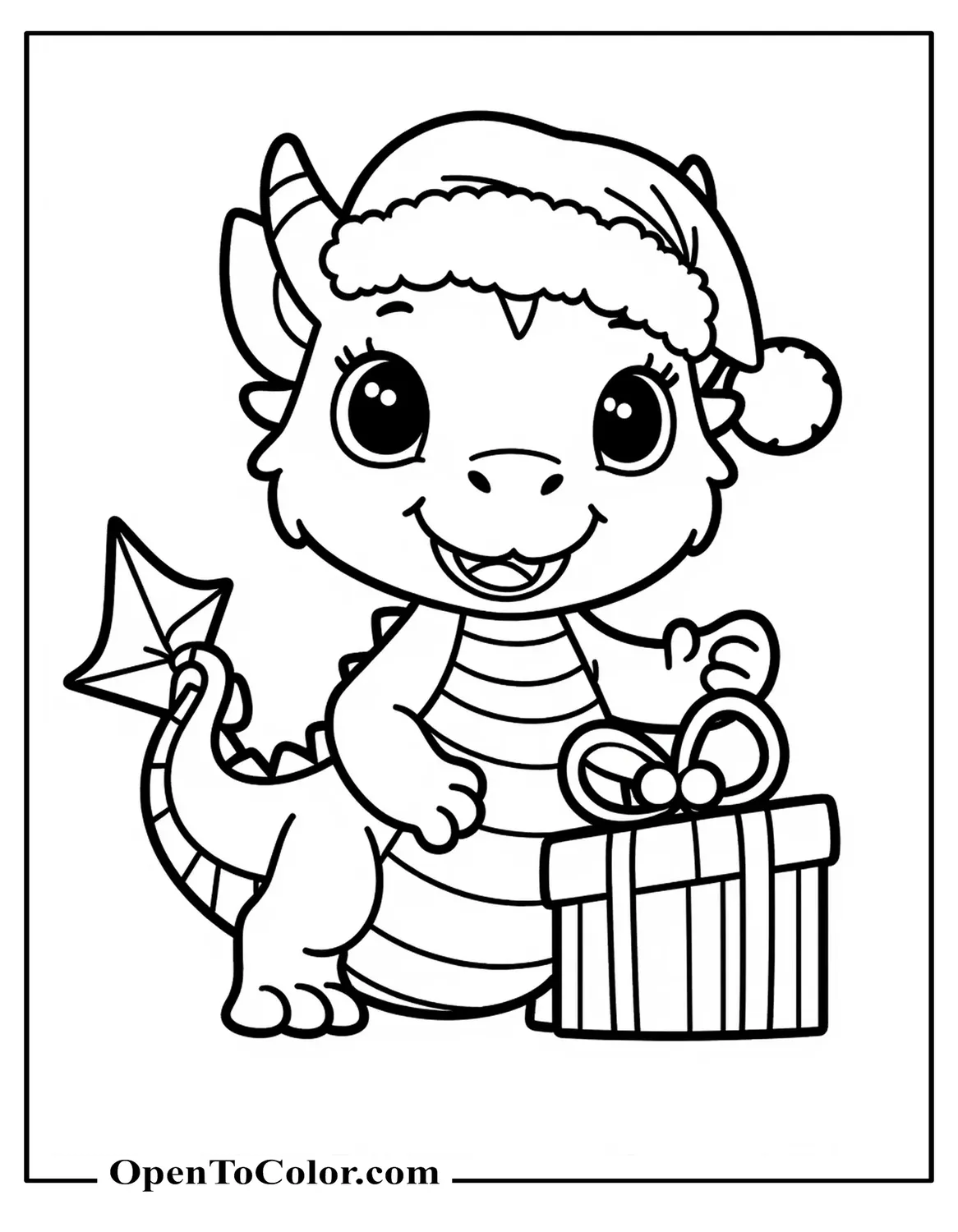 Free Coloring Sheet of a Friendly Dragon Wearing a Santa Hat, Curling Around a Stack of Gifts