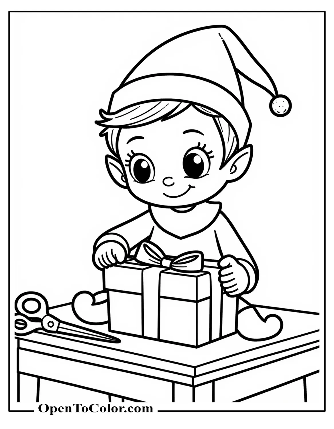 Christmas Elf Wrapping A Gift On A Table, Printable Coloring Page, Scissors And Ribbon Nearby