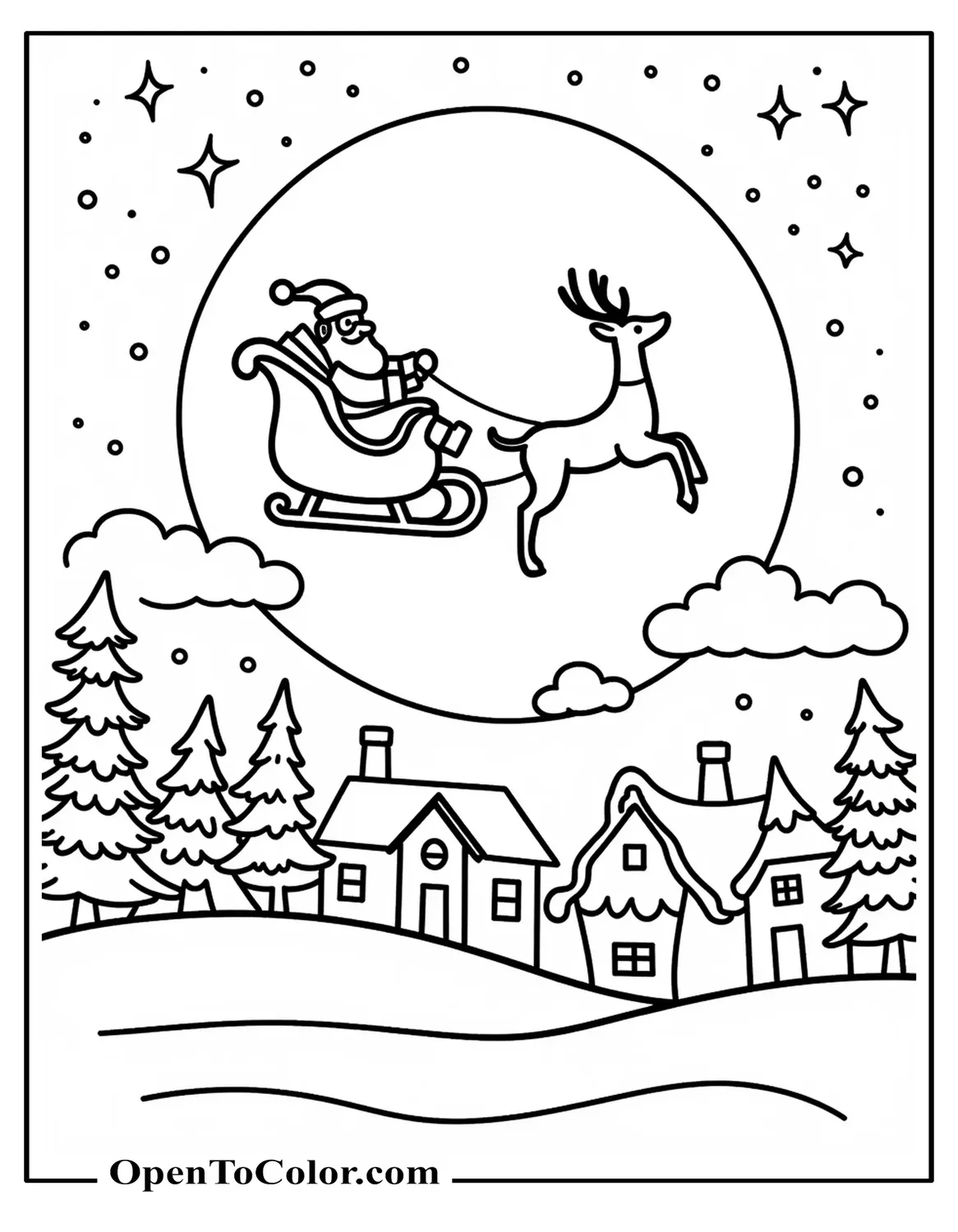 Night sky coloring page with Santa sleigh silhouette over rooftops, large moon, printable.