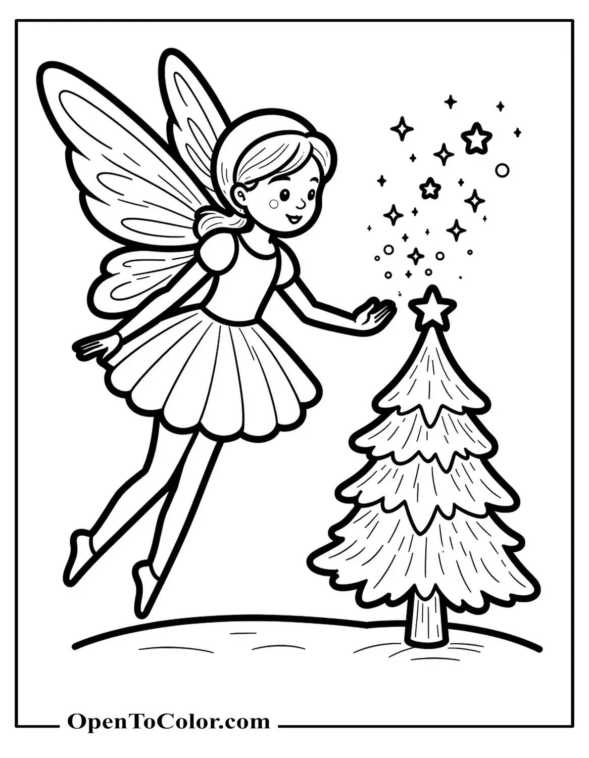 Free Christmas Fairy with Wings Sprinkling Star Dust Over a Tiny Tree Coloring Sheet