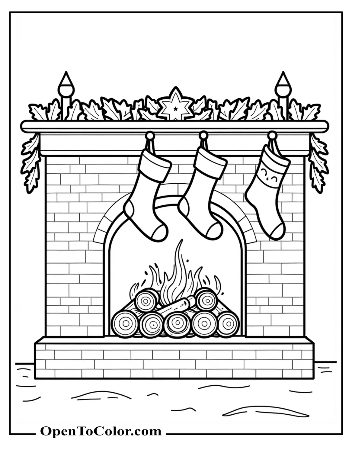Free Coloring Sheet of Brick Fireplace with Hanging Stockings and Logs Inside, Garland on Mantle
