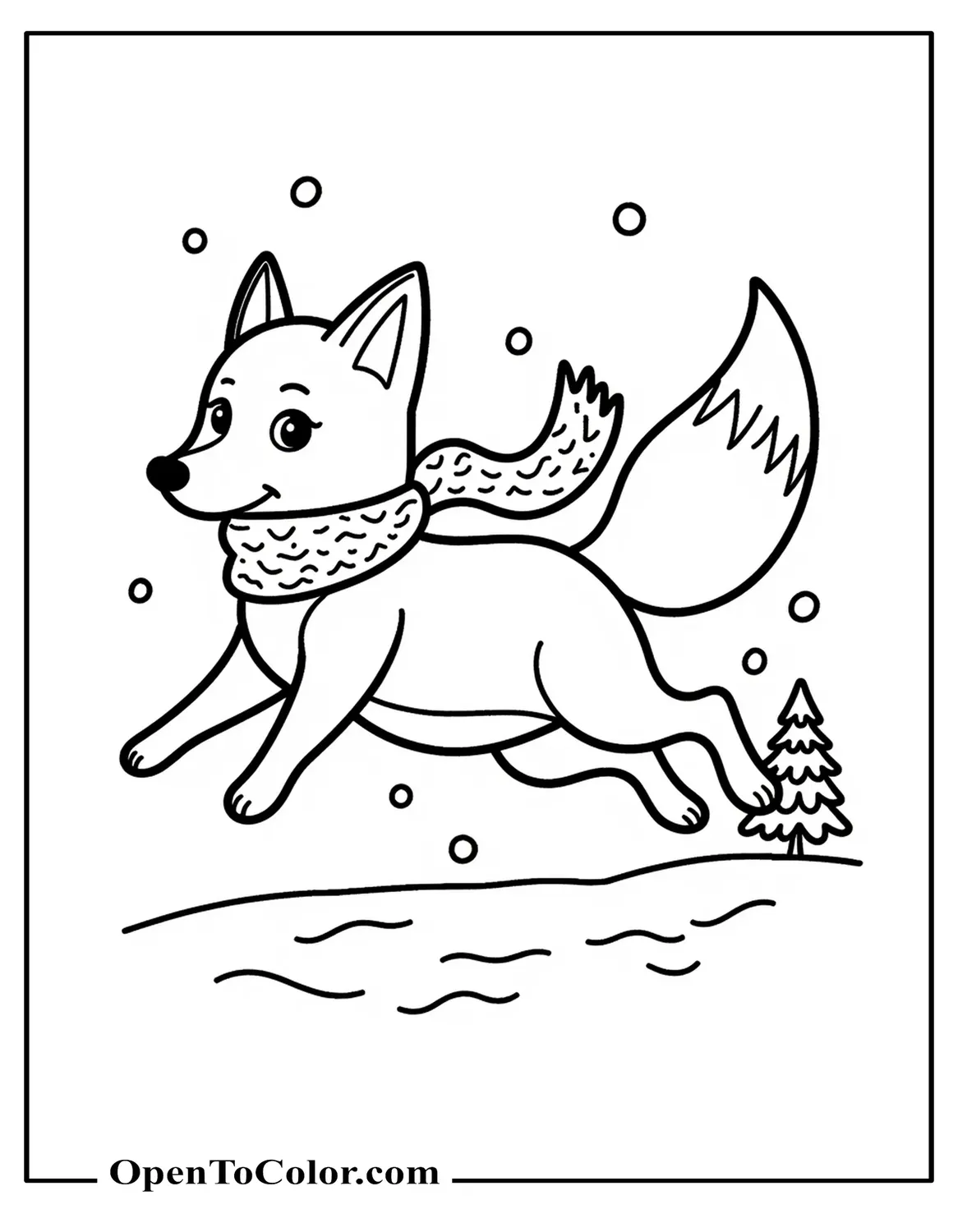 Free Coloring Page of Fox in a Scarf Jumping Through Snow, Tail Curved, Small Pine Behind