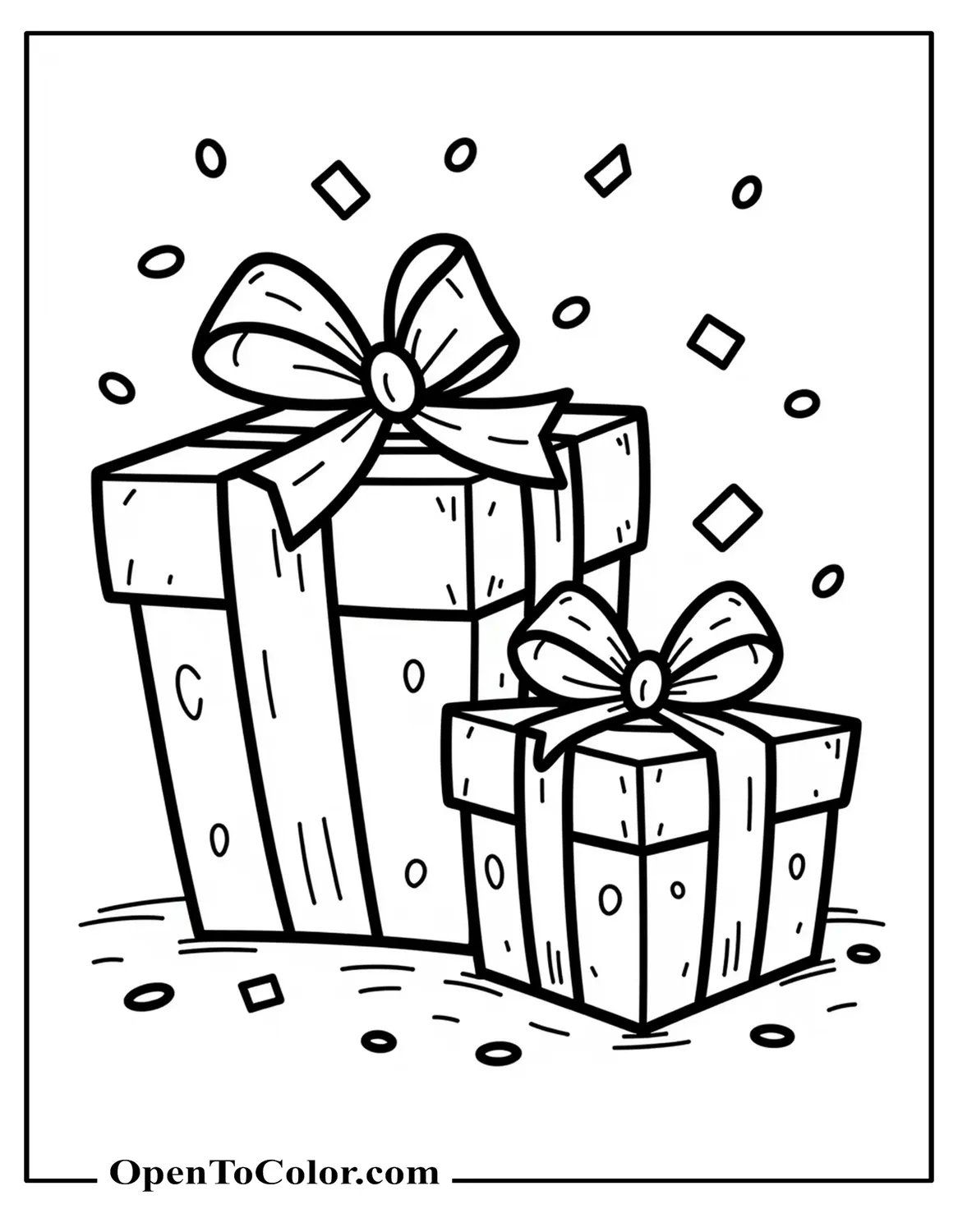 Free Coloring Sheet of Two Wrapped Gifts with Big Bows, Gift Tags, and Confetti Around